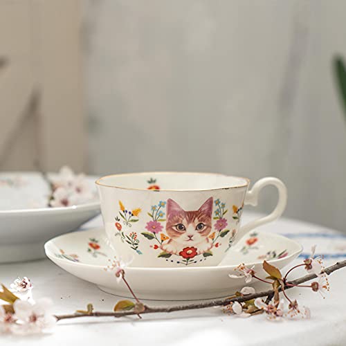 123Arts Ceramic Cat and Flower Coffee Mug Teacup Set with Saucer - Cute Cat-Themed Tea Cup for Coffee, Tea & Hot Drinks - Perfect for Home, Office & Gifts