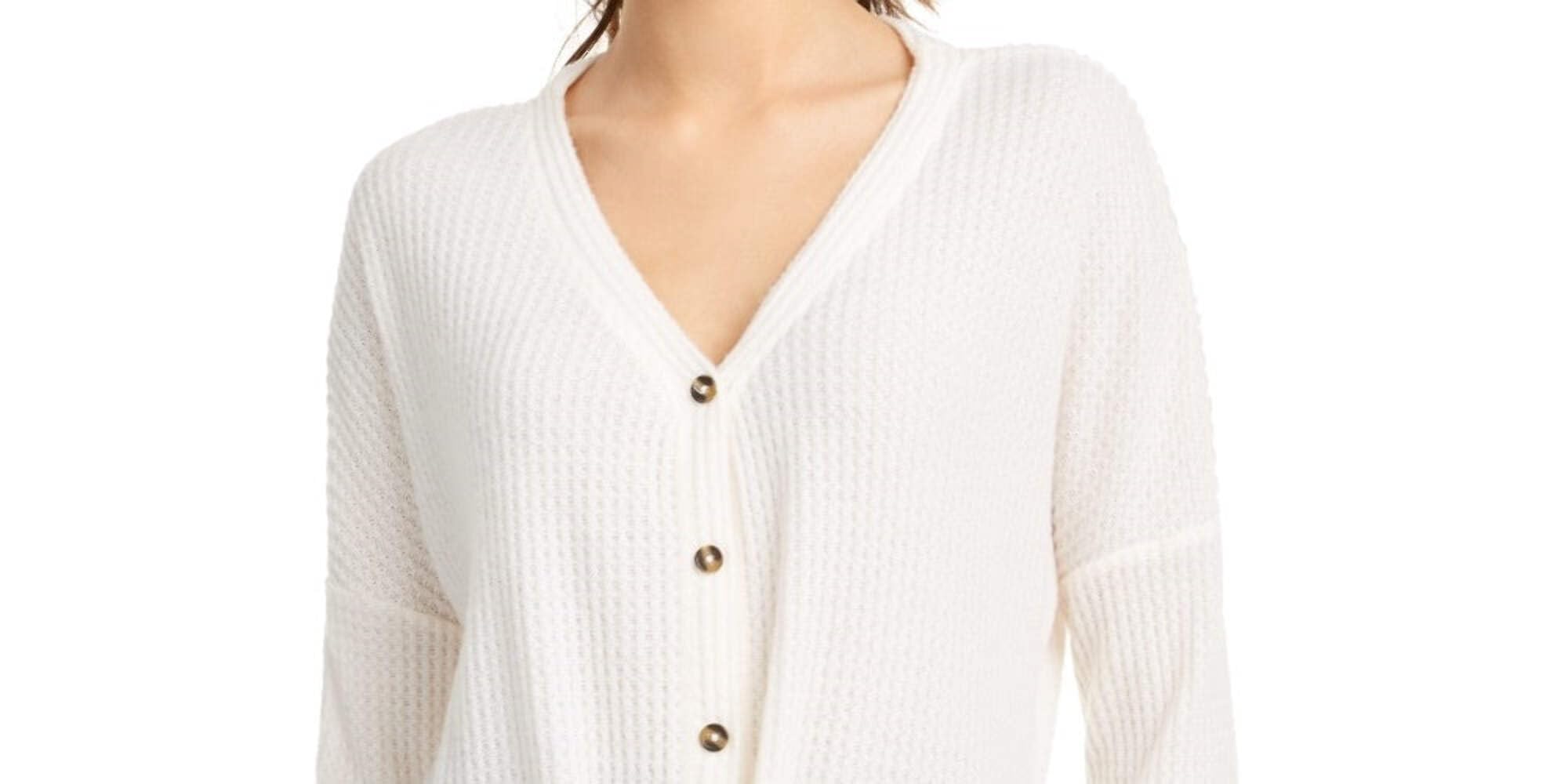 Ultra Flirt Junior's Waffle Knit Tie Front Top - White, Size Medium | Cute Casual Shirt for Teens, Girls & Women | Perfect for School, Dates & Everyday Wear