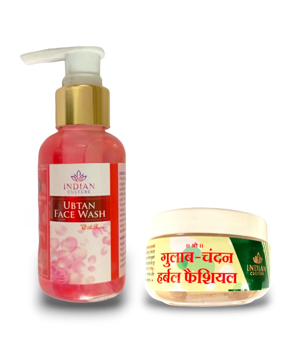 Indian Ubtan Rose Face Wash & Gulab Chandan Herbal Face Pack Combo - Brightening, Tan Removal, Acne Control for Glowing Skin | Natural Skincare Set for Daily Cleansing & Face Mask Treatment