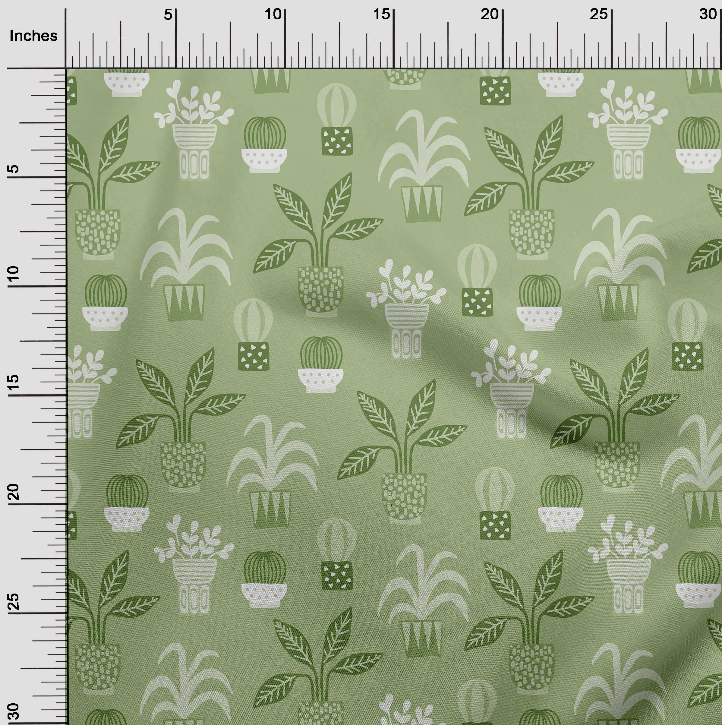 oneOone Cotton Poplin Green Fabric with Flower Pots Motif - 56 Inch Wide Printed DIY Sewing Material for Clothing, Quilting & Home Decor Projects | Perfect for Dresses, Curtains & Crafting