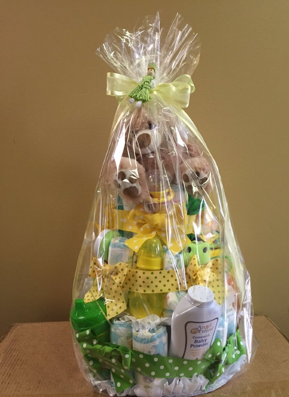Beautiful Yellow & Green Baby Diaper Cake with Essential Newborn Supplies - Perfect for Baby Showers, Gender Reveals & Nursery Decor