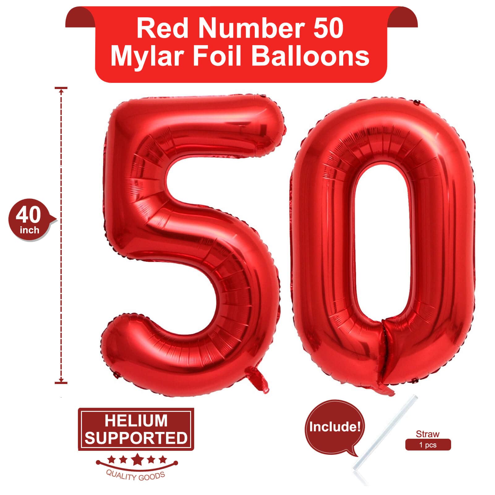 40 Inch Red Number 50 Balloons - Giant 50th Birthday Balloons Set for Anniversary Party Decorations | Perfect for Milestone Birthdays, Retirement Parties & Golden Jubilee Celebrations