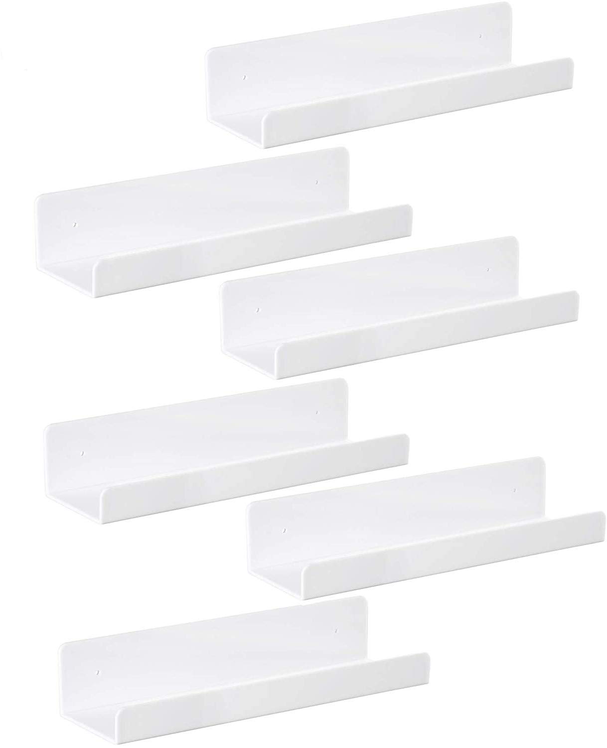 IEEK 6-Pack White Acrylic Floating Shelves - 15 Inch Wall Mounted Display Ledge for Nursery, Bathroom & Home Organization - 5mm Thick U-Shaped Storage Shelves for Books, Decor & Essentials - Perfect for Kids Room, Bathroom Storage & Wall Decor