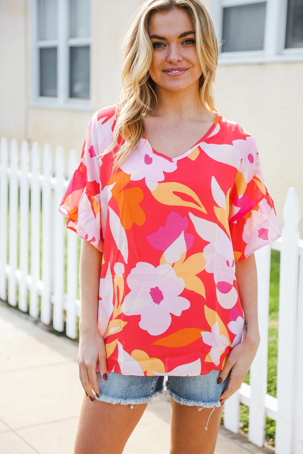 Haptics Tropical Vibes Peach Floral Dolman Ruffle Sleeve Blouse - Women's Casual Summer Top for Beach Vacation & Boho Outfits