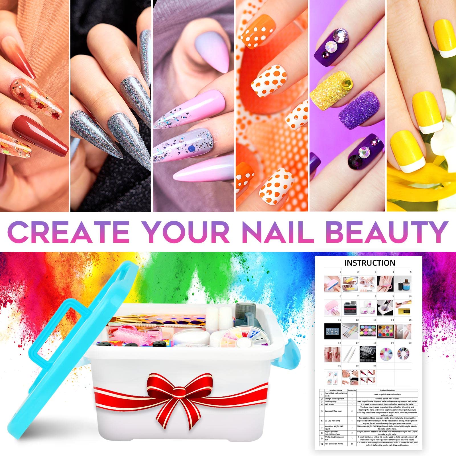 Professional Acrylic Nail Kit for Beginners - Complete Set with Acrylic Powder, Glitter Nail Art Tips, Nail Drill & UV LED Lamp (Multicolor) | Perfect for Home Manicures, Salon Use & DIY Nail Art