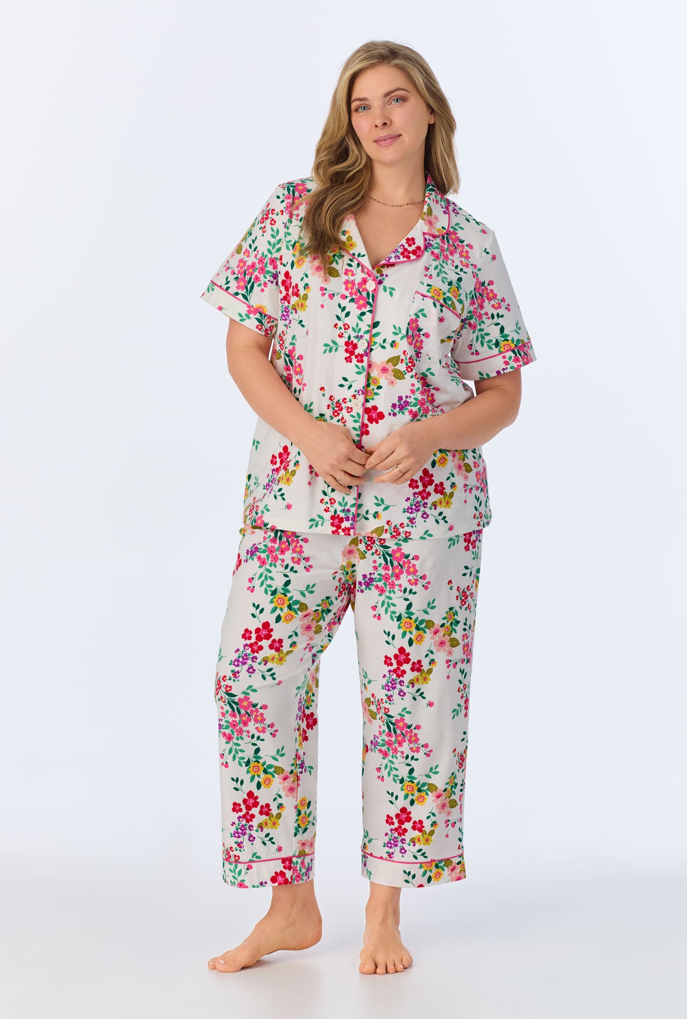 Full Bloom Short Sleeve Classic Stretch Jersey Cropped Pajama Set - Soft & Comfortable Sleepwear for Women, Perfect for Lounging, Relaxing at Home or Overnight Travel