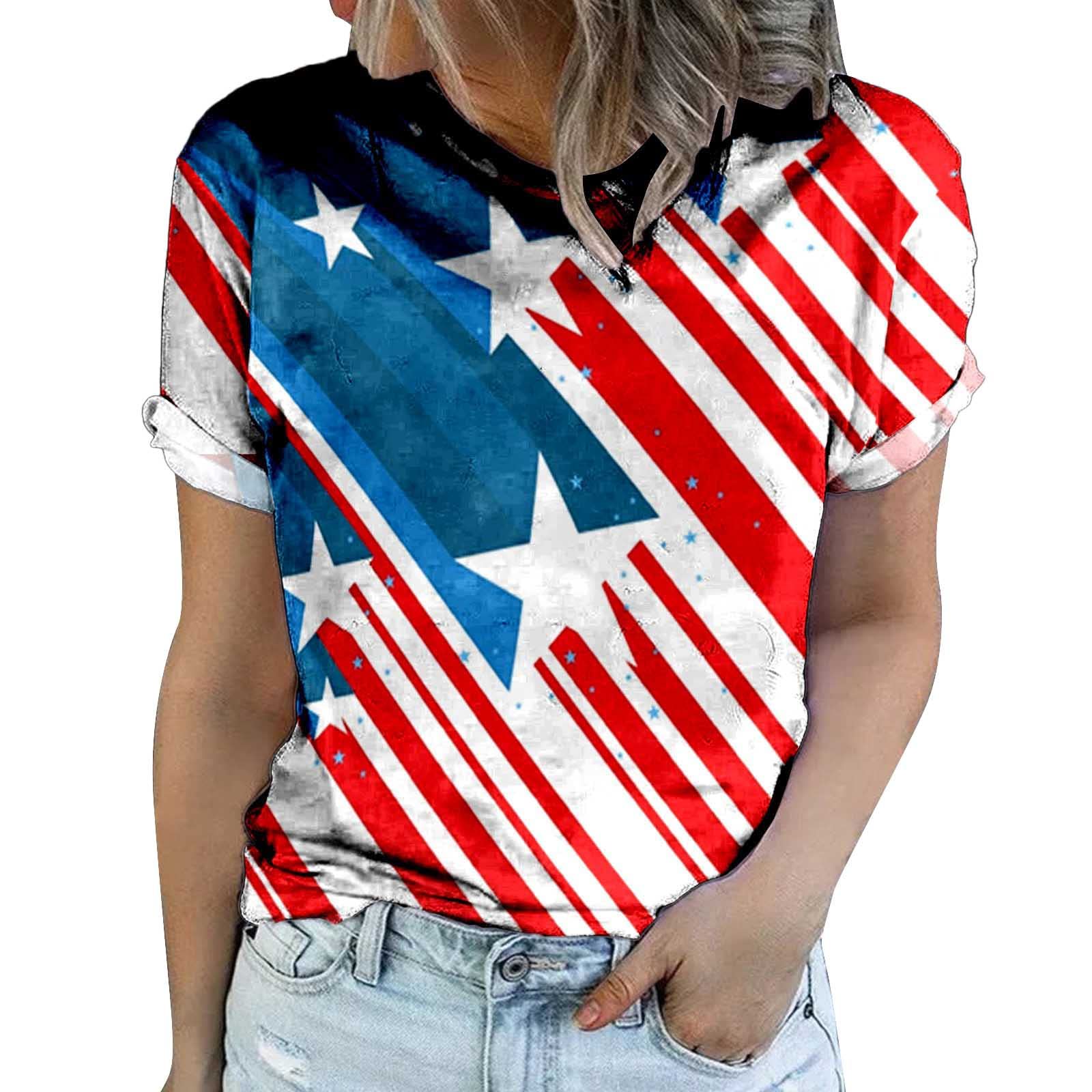 Women's American Flag T-Shirt - Short Sleeve Round Neck USA Patriotic Shirt for 4th of July & Independence Day - Black Stretchy Cotton Top | Perfect for BBQ Parties, Fireworks Shows & Patriotic Celebrations