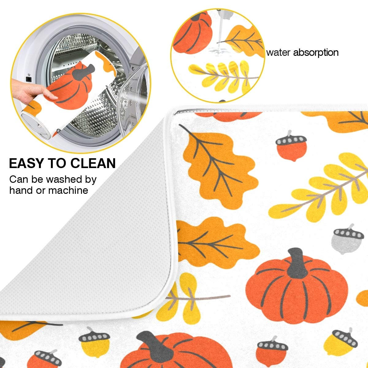 Fall Pumpkin Maple Leaves Dish Drying Mat - Fast Absorbent Kitchen Counter Mat for Thanksgiving Dishes