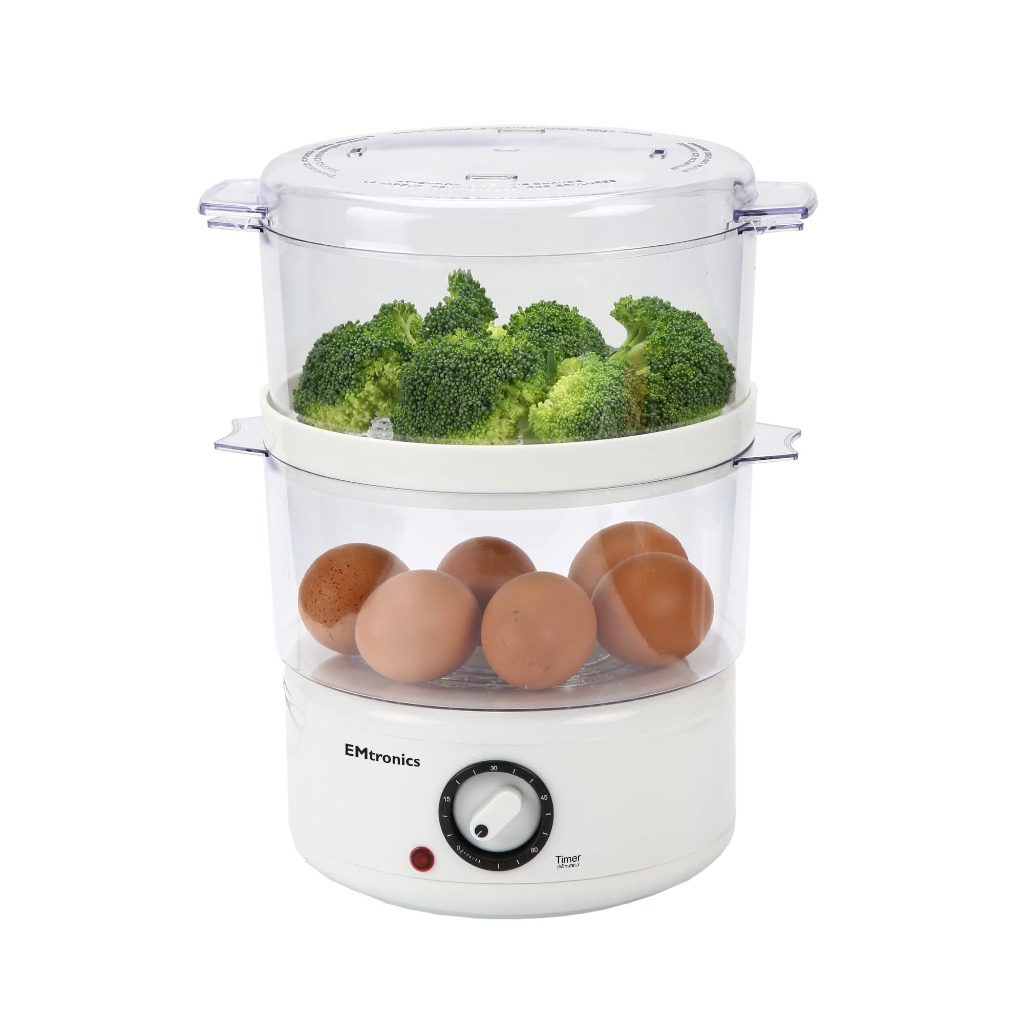 EMtronics 2-Tier Stainless Steel Food Steamer - 4L Capacity for Meat, Vegetables & Dumplings - 60 Minute Digital Timer - Perfect for Healthy Cooking & Meal Prep - White