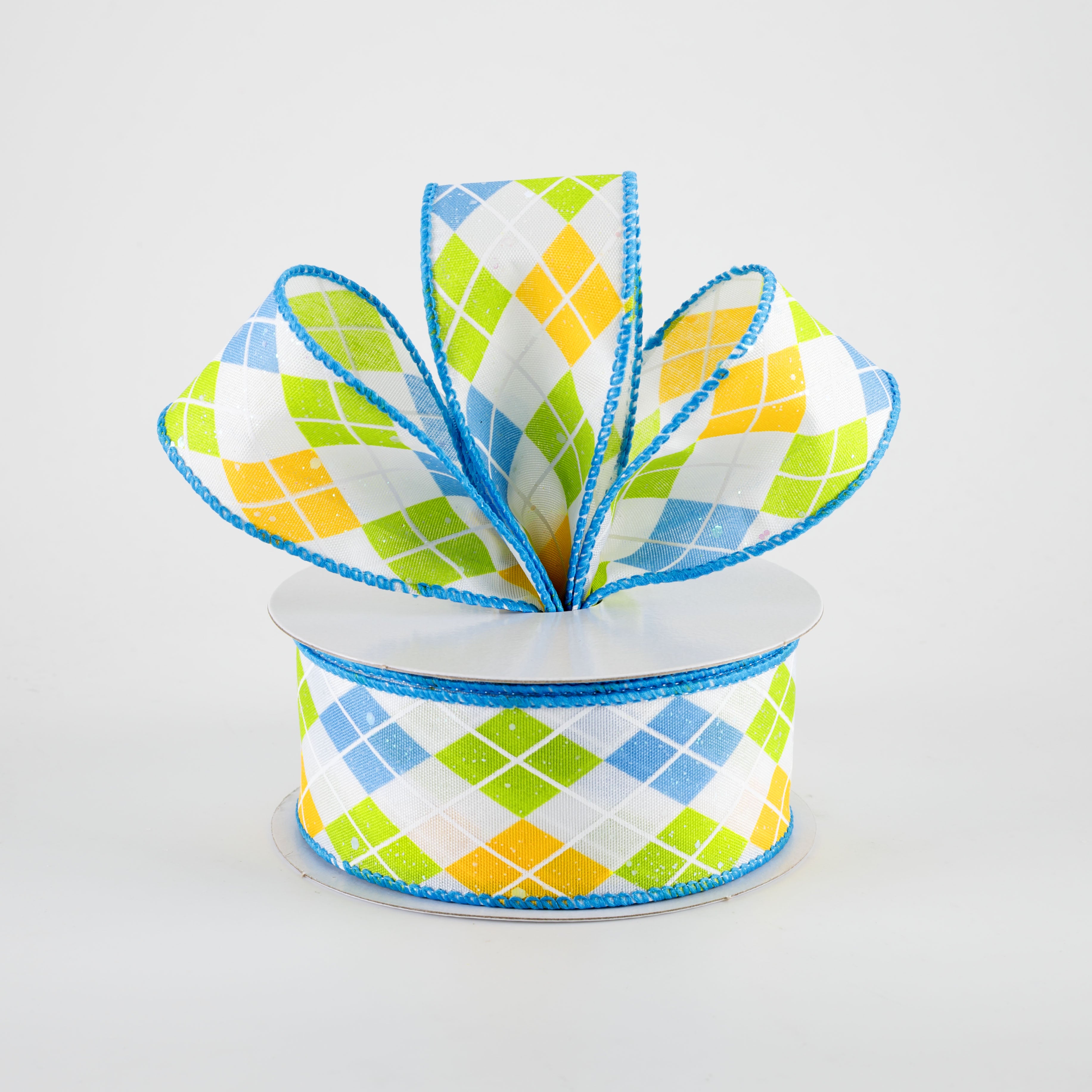 1.5 Inch Iridescent Argyle Ribbon - White, Turquoise, Kiwi & Yellow (10 Yards) for Gift Wrapping, DIY Crafts, Scrapbooking & Hair Bows