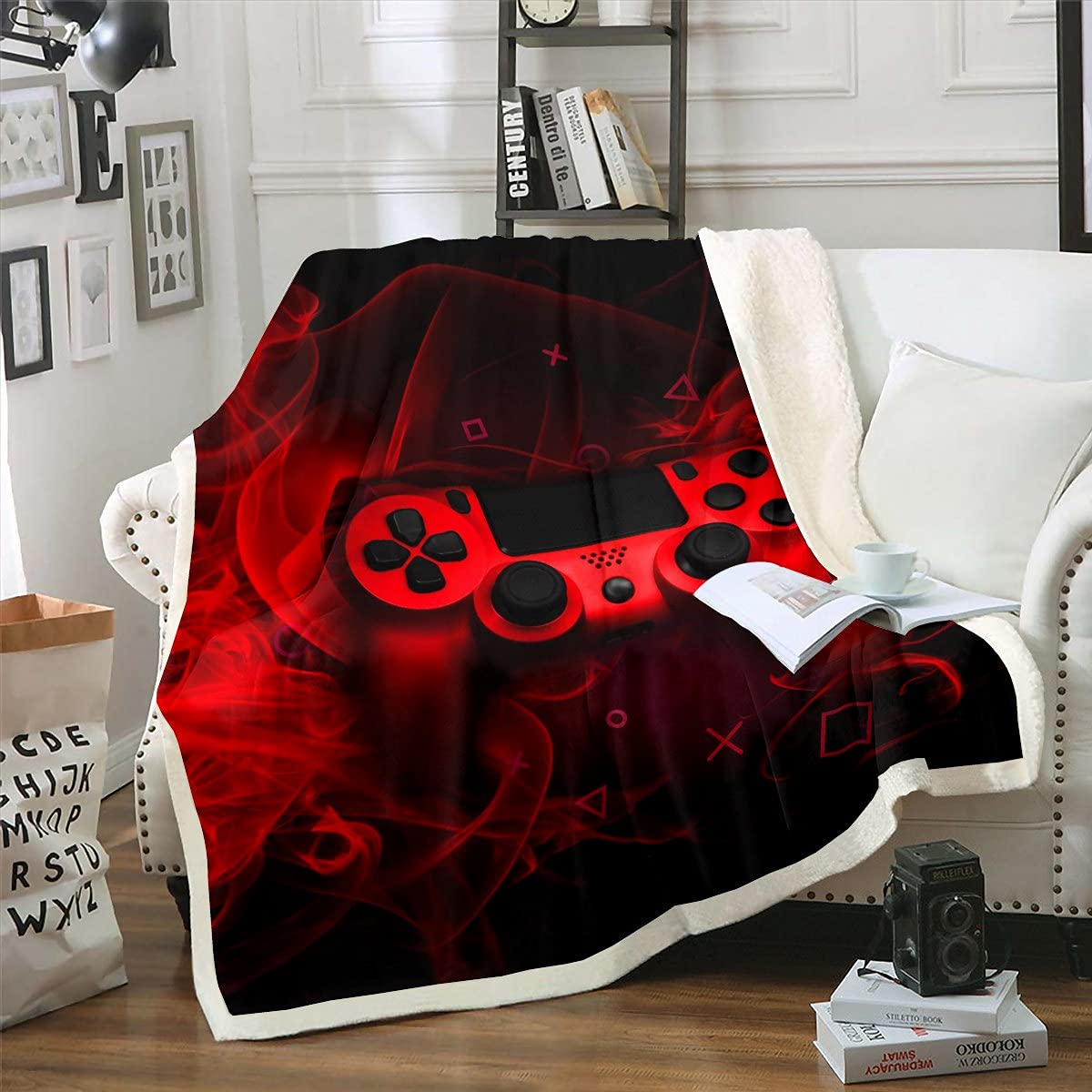 Homewish Video Games Flannel Fleece Blanket - Queen Size (90x90 Inches) - Soft Red Game Controller Design Throw Blanket for Couch, Sofa & Bed - Perfect Gift for Gamers, Kids, Boys & Teens - Cozy Gaming Accessory for Winter Nights & Movie Time
