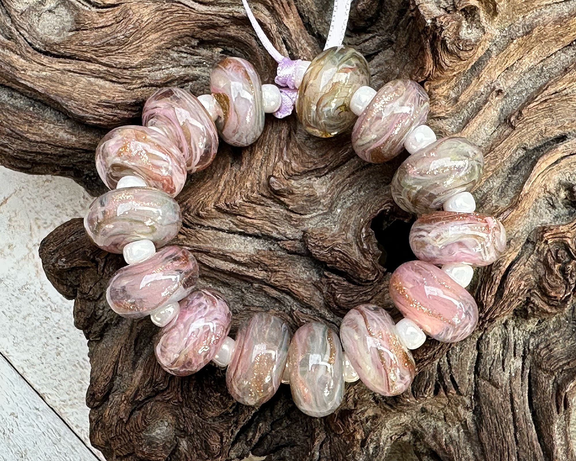 14 Pastel Pink Swirl Lampwork Glass Beads Set - Handmade SRA Beads for Jewelry Making, DIY Bracelets & Necklaces - Perfect for Boho, Wedding & Craft Projects