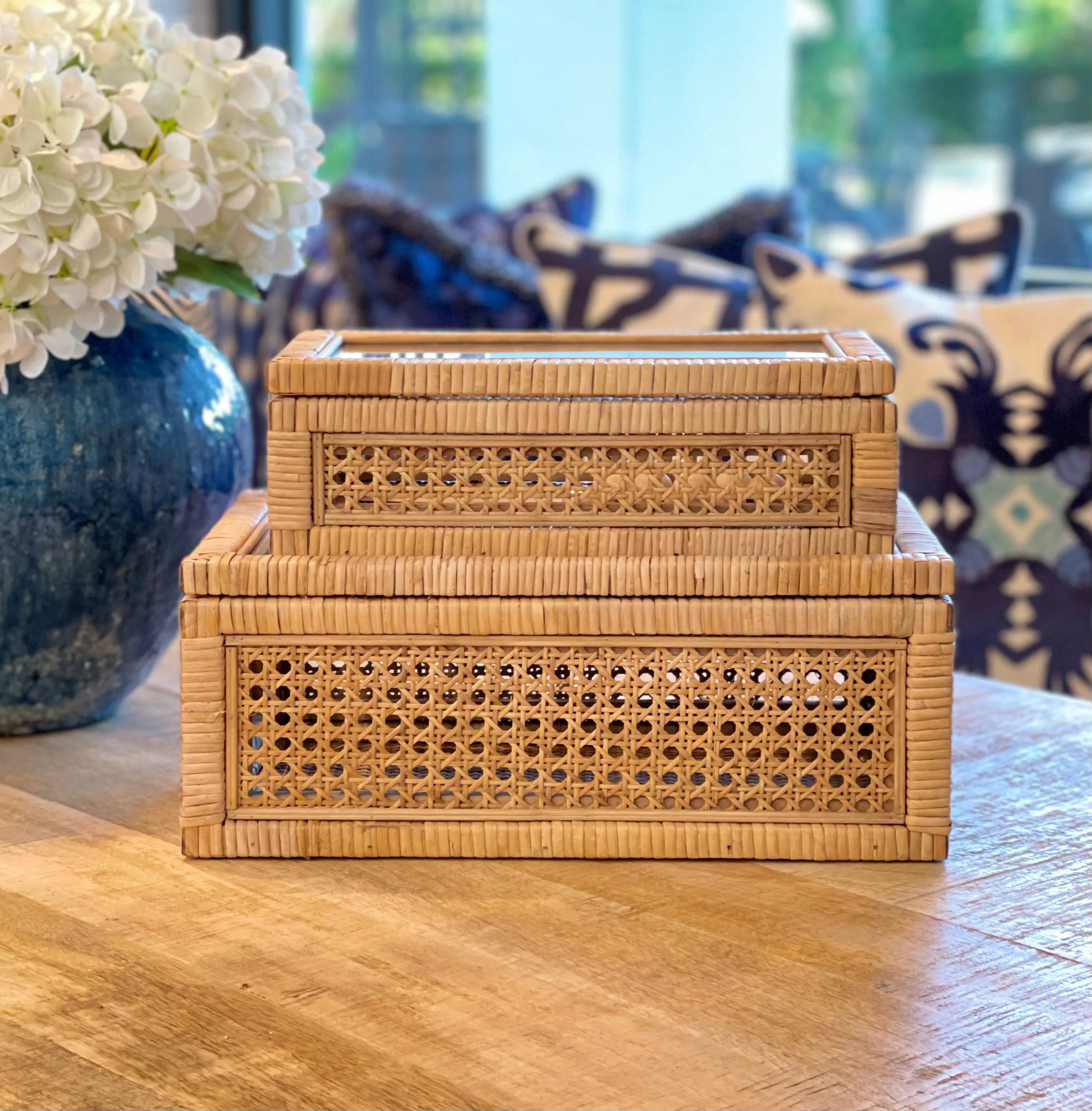 2-Piece Rattan and Glass Display Box Set - Perfect for Jewelry, Home Decor & Gift Packaging