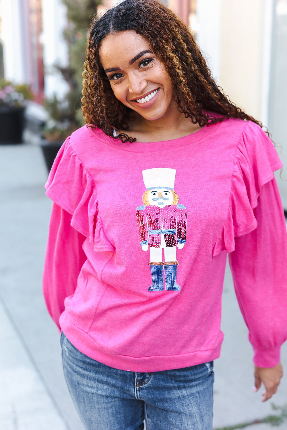 Festive Hot Pink Sequin Nutcracker Christmas Sweater with Ruffle Hacci Knit - Perfect for Holiday Parties, Ugly Sweater Contests & Winter Gatherings