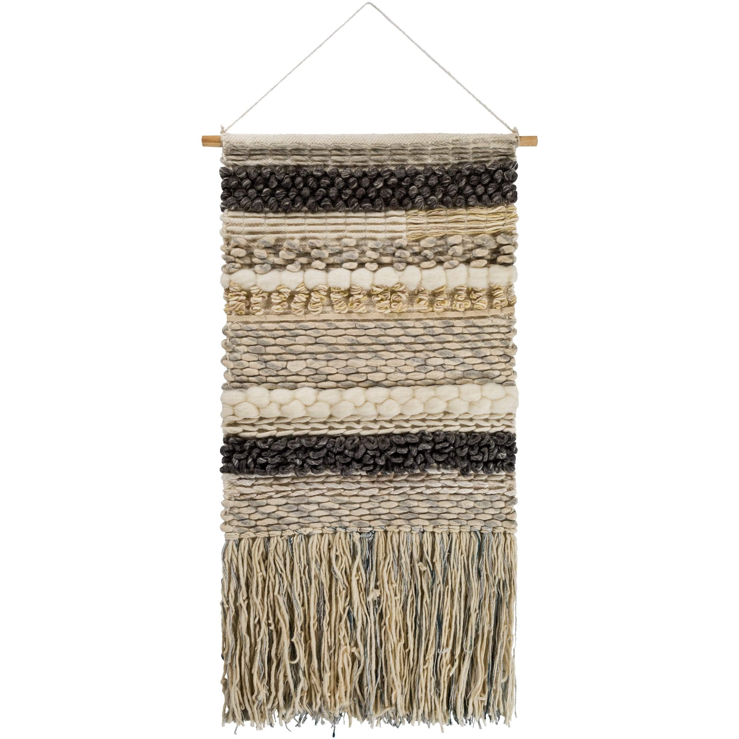 Hand Woven Bohemian Tapestry - 24x48 Inch Cream Grey Wool & Viscose Wall Hanging with Rod - Global Eclectic Textured Decor for Living Room, Bedroom & Dorm