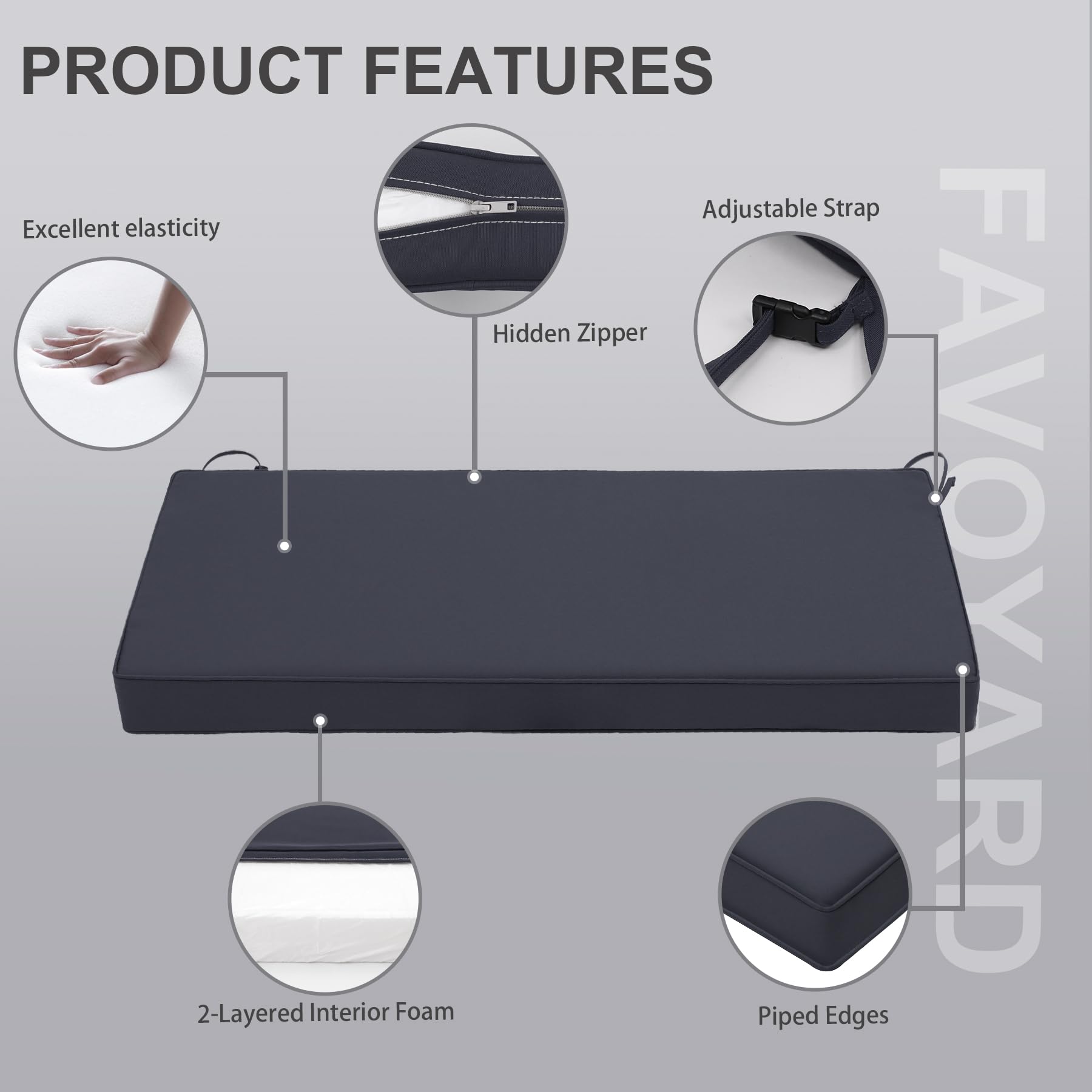 Favoyard 45 x 18 Inch Waterproof Outdoor Bench Cushion - Navy Blue Patio Furniture Cushion with Handle & Adjustable Straps, 3-Year Color Fastness - Perfect for Garden Sofa, Settee, Couch & Swing Seating