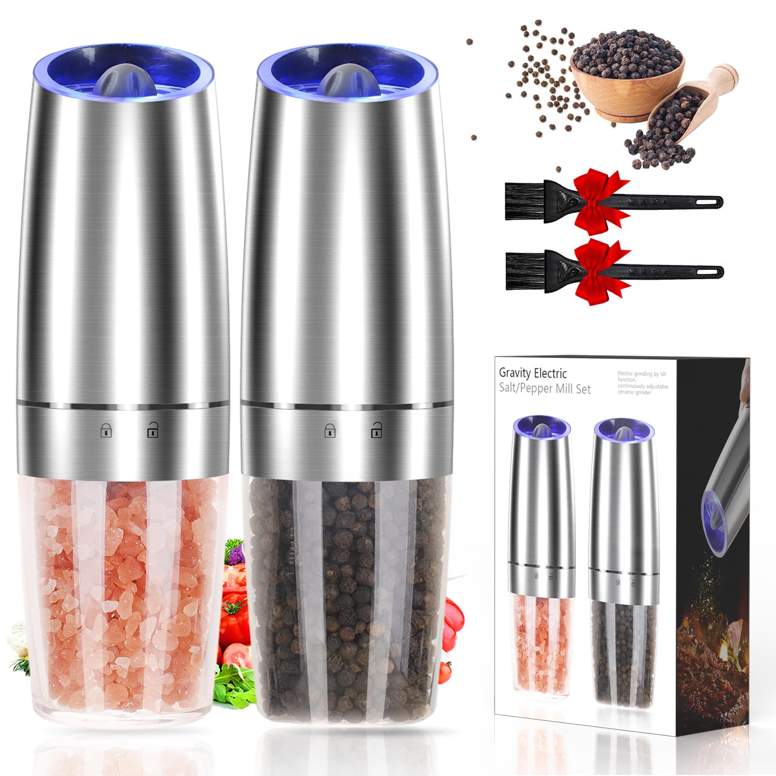 Premium Electric Salt and Pepper Grinder Set - Adjustable Coarseness, Battery Powered with LED Light - Upgraded Large Capacity One-Hand Operation - Perfect for Kitchen, Dining Table & Outdoor Cooking (Silver, 2 Pack)
