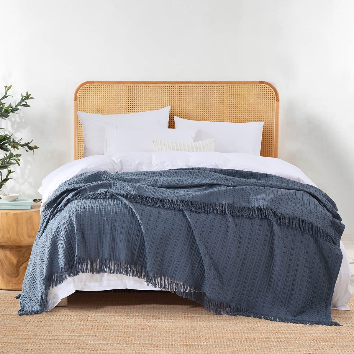 100% Cotton Waffle King Size Blanket with Fringe - Pre-Washed Waffle Weave All Season Throw - Lightweight Breathable Soft Cozy Blanket for Couch, Bed, Travel, Camping & Gifts (Blue, 104x90 Inches) - Perfect for Home Decor, Guest Room & Winter Warmth