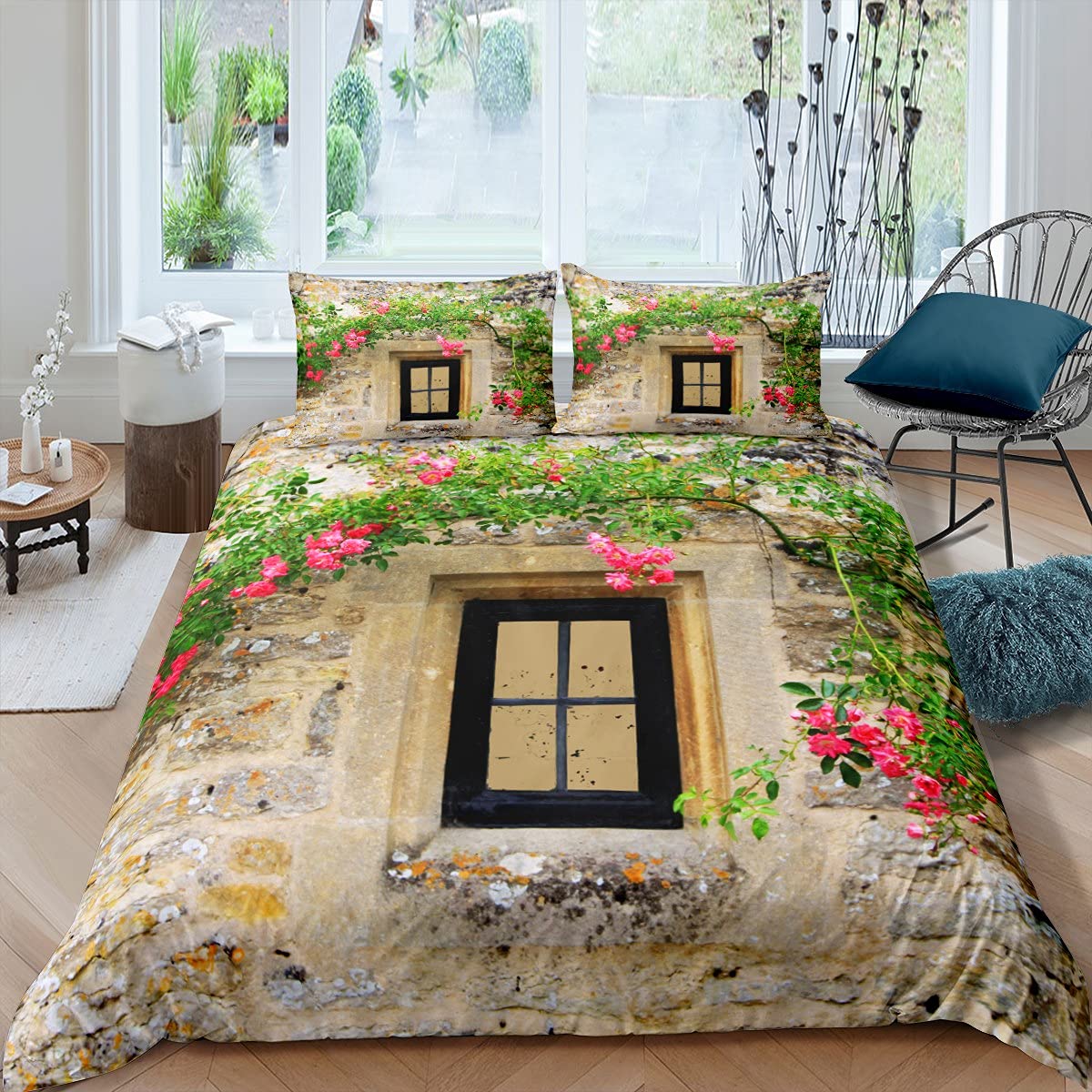 **Retro Stone Wall Duvet Cover Set for Kids - Full Size 3-Piece Bedding Set with Floral Leaf Design, Soft Microfiber Comforter Cover & 2 Pillowcases - Perfect for Boys & Girls Bedroom Decor**    *(Use Case: Ideal for kids' bedrooms, dorm rooms, or cozy home decor with a vintage botanical theme.)*