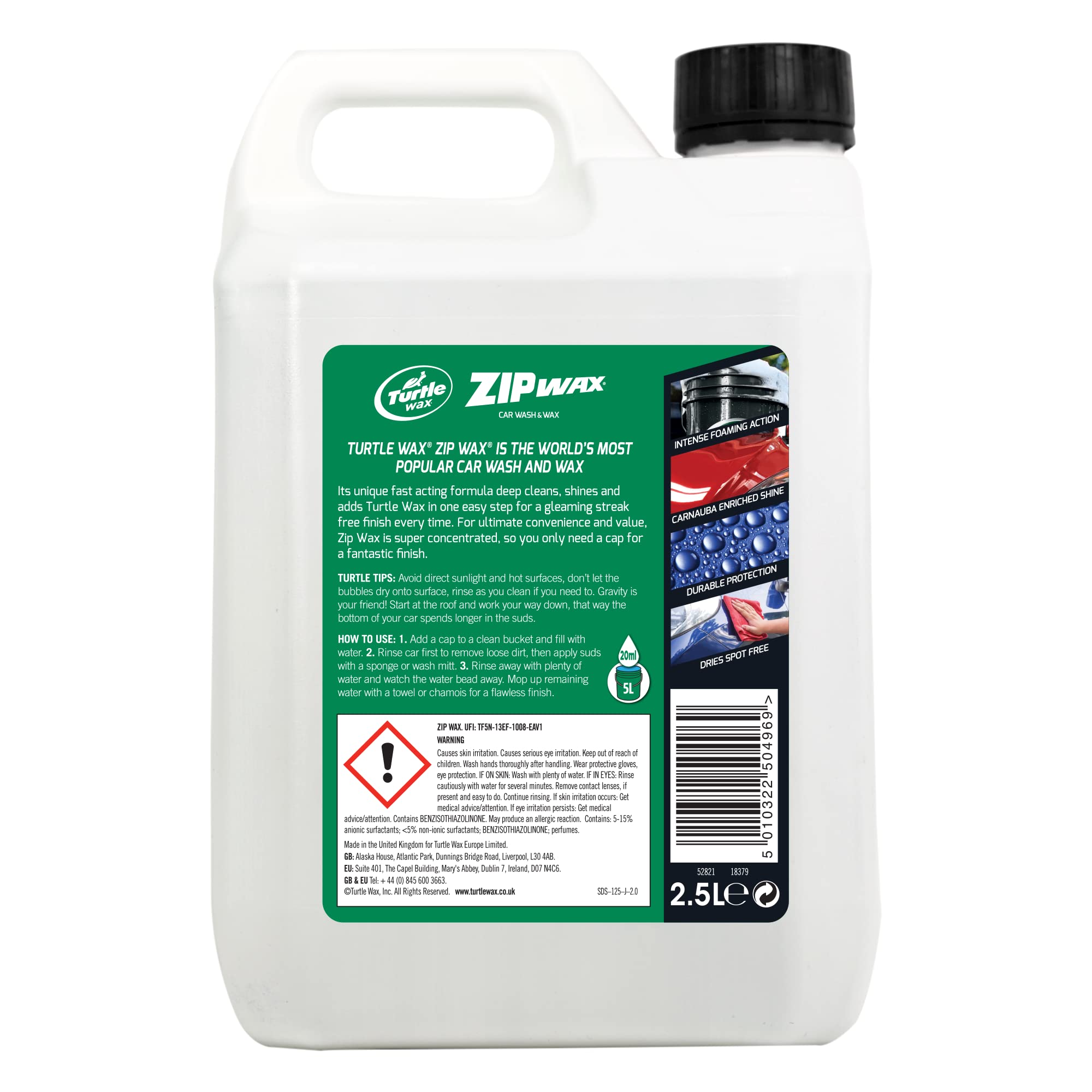 Turtle Wax Zip Wax Car Shampoo 2.5L - Concentrated Car Wash & Wax Formula - Removes Tough Stains, Streak-Free Shine with Carnauba Wax - Easy Rinse & Dry for Showroom Finish - Perfect for Sedans, SUVs, Trucks & Motorcycles