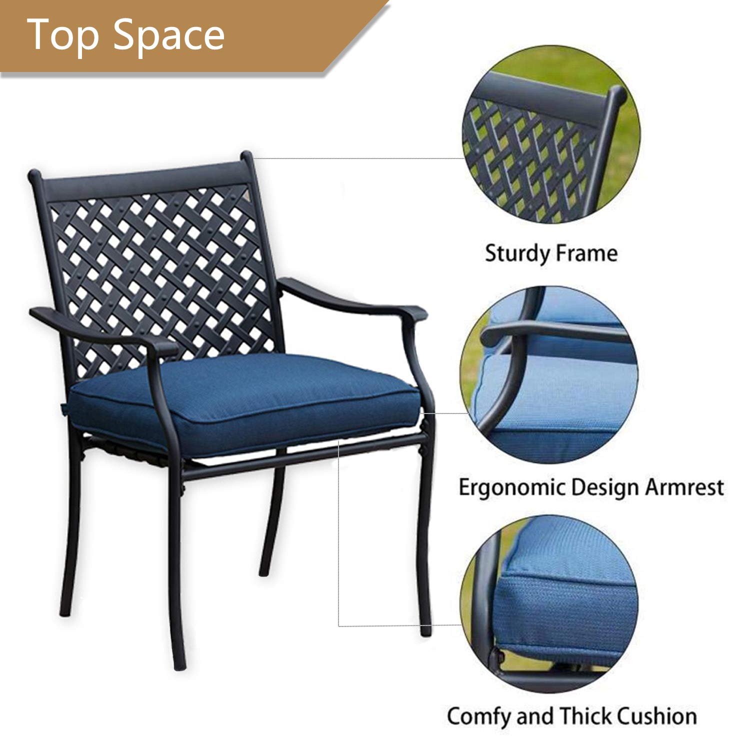 4-Piece Metal Outdoor Wrought Iron Patio Dining Chairs Set with Arms & Cushions (Blue) - Durable Garden, Poolside & Backyard Seating Furniture for Relaxing & Entertaining