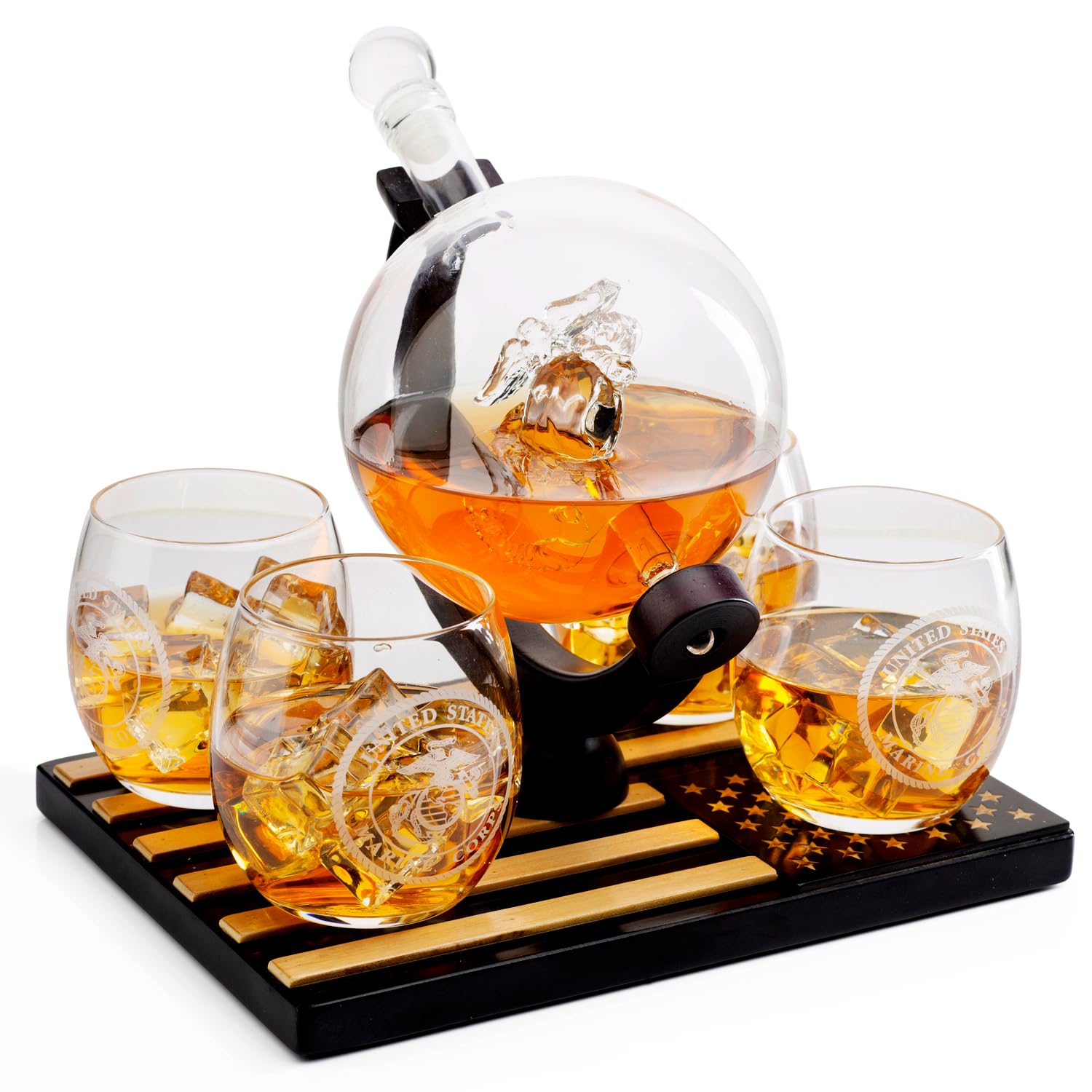 Premium U.S. Marine Globe Whiskey Decanter Set with 4 Crystal Glasses - Wooden American Flag Base - Navy Veteran Gift for Men, Dad & Military Fathers - Bourbon & Scotch Decanter Gift Set - Perfect for Home Bars, Man Caves & Patriotic Celebrations