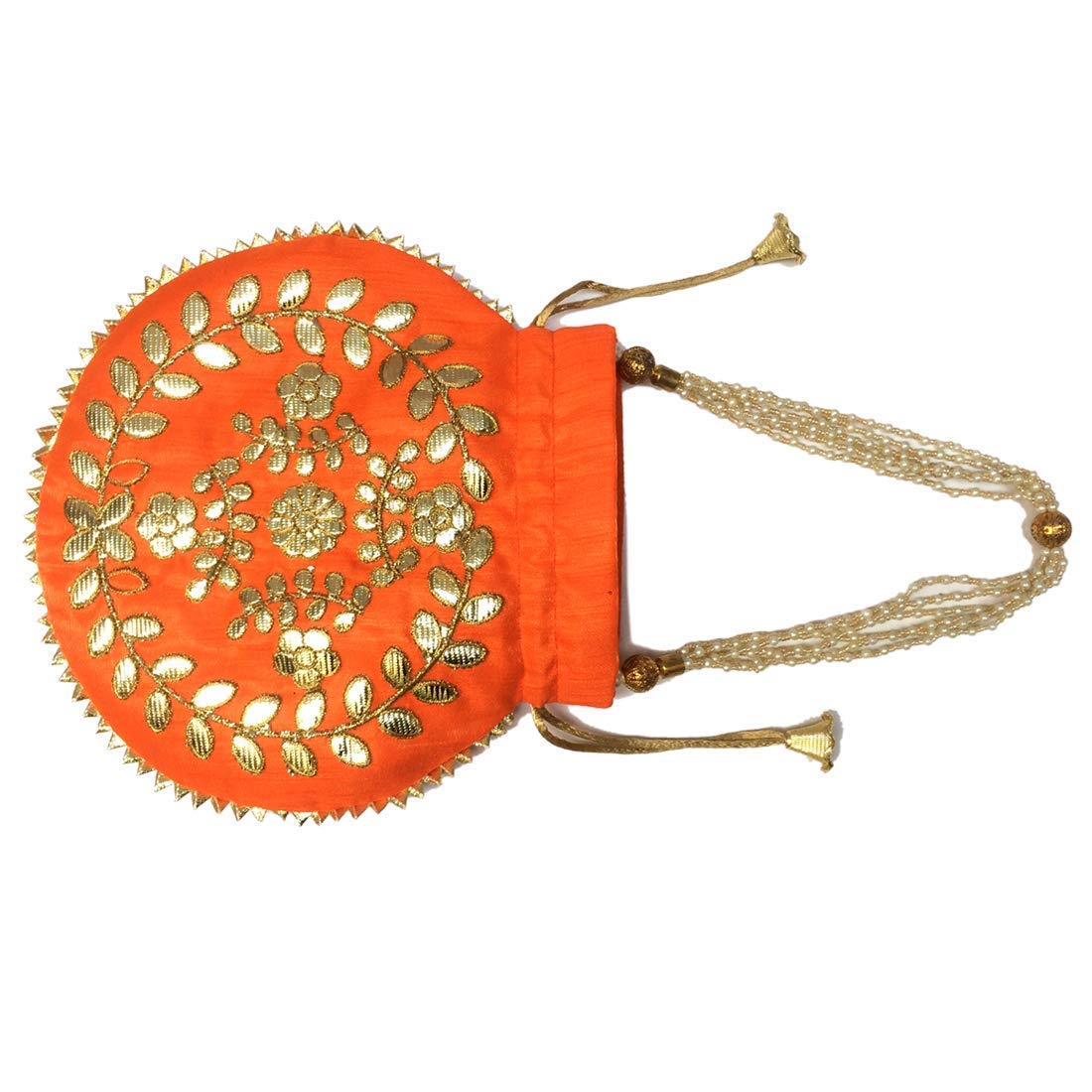 Elegant Orange Potli Bag for Women - 23x24 Inch Jewelry Coin Pouch with Pearl Handle, Perfect for Weddings, Parties & Gotta Patti Work | Batwa Clutch Purse for Bridal Accessories, Indian Festivals & Gift Giving
