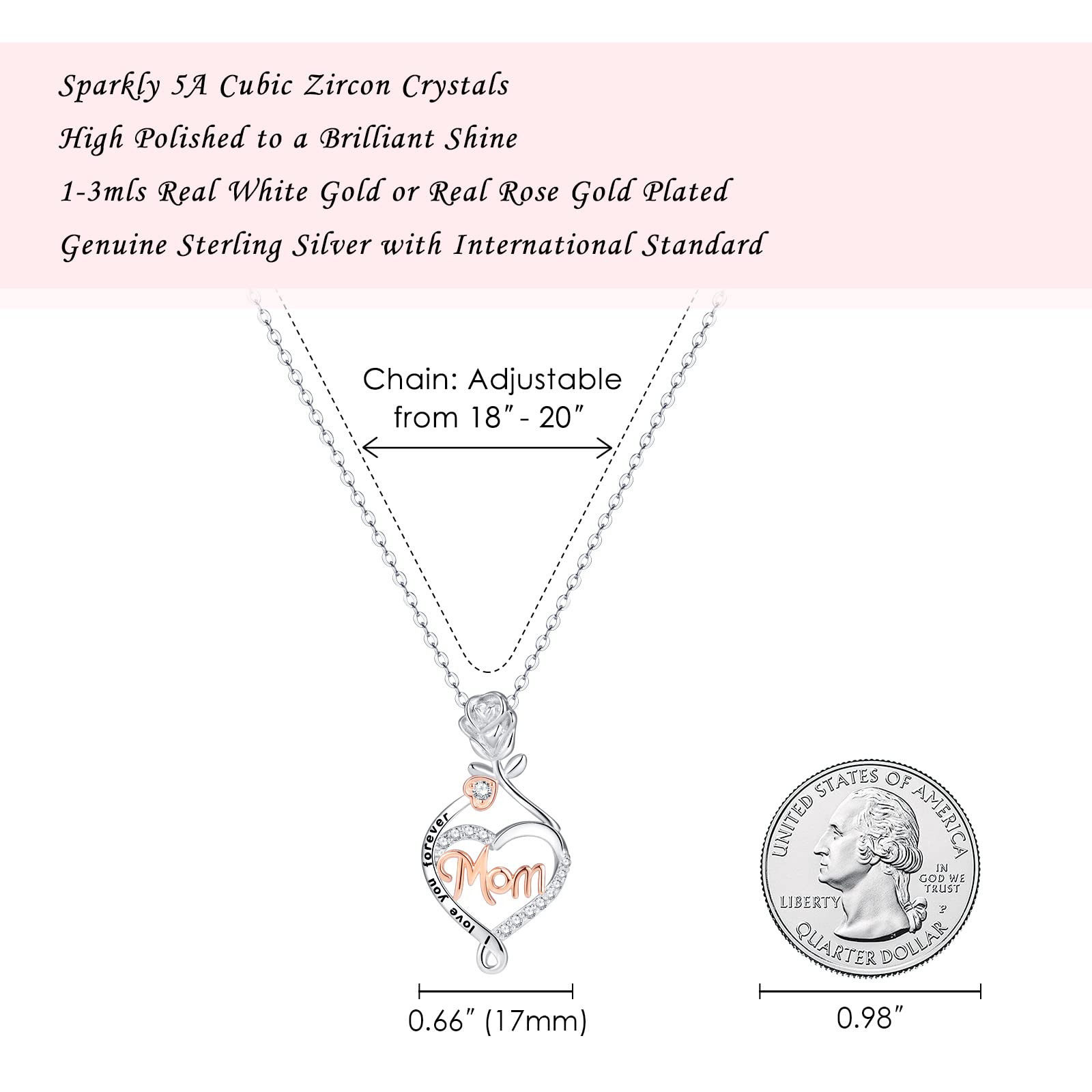 LANE WOODS Mother's Day Gift Necklace for Mom - White Gold Plated 925 Sterling Silver Heart Engraved Pendant Jewelry | Perfect Gift from Daughter or Son | Birthday, Anniversary, Valentine's Day Present