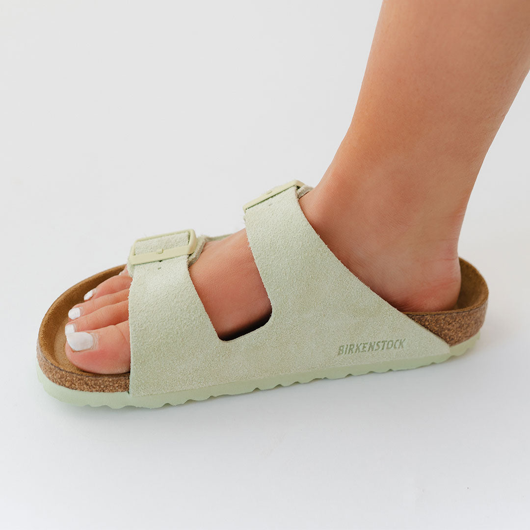 Birkenstock Arizona Soft Footbed Sandals - Suede Leather in Faded Lime | Comfortable & Supportive for Casual Wear, Walking & Outdoor Activities