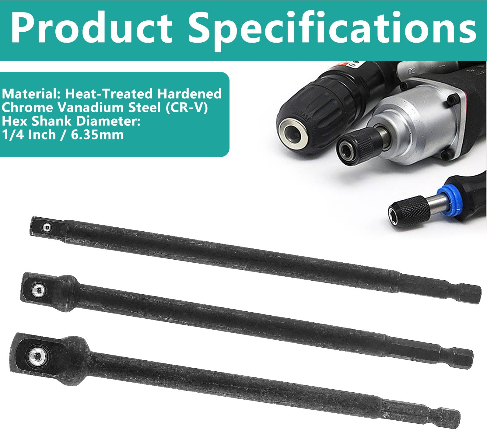 3PCS 6-Inch Long Impact Driver Socket Adapter Set - 1/4