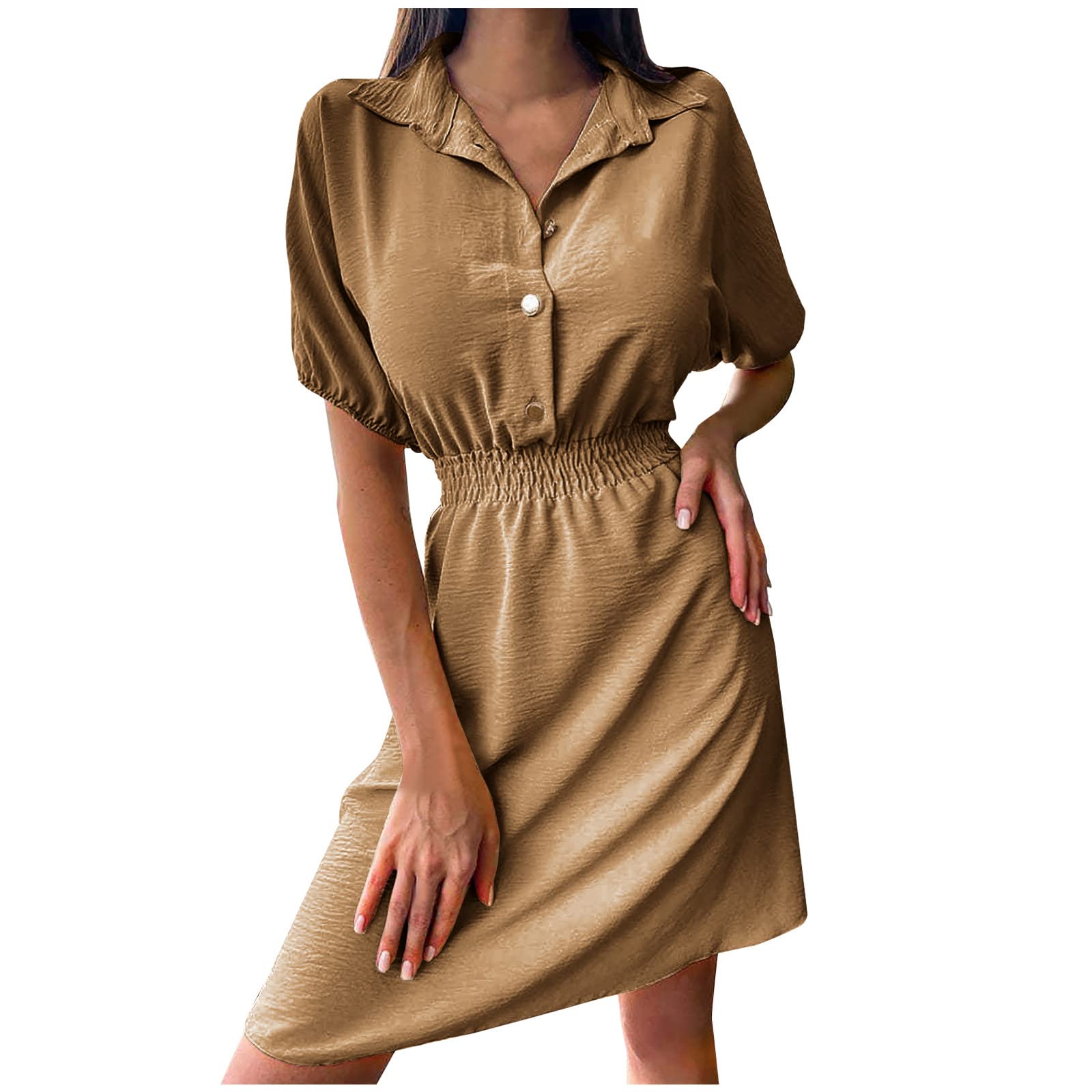 Ylioge Women's Maternity Button Down Tunic Dress - Short Sleeve Lapel Casual Summer Dress Knee Length for Pregnancy - Perfect for Office, Baby Shower & Summer Outings