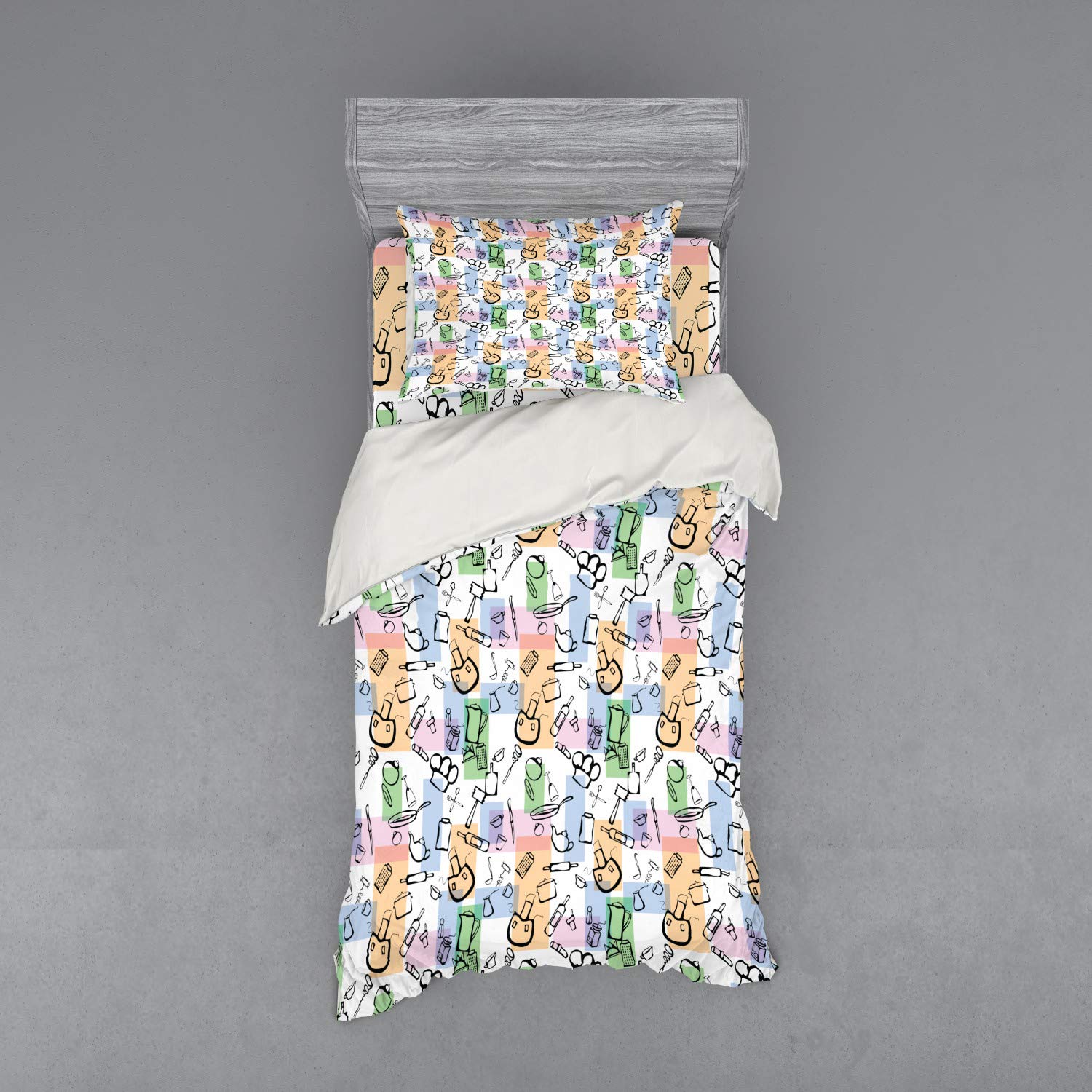 Ambesonne Abstract Bedding Set - 3 Piece Duvet Cover with Sham & Fitted Sheet, Twin Size, Multicolor Geometric Kitchen & Chef Table Design - Perfect for Modern Bedrooms & Gift Ideas