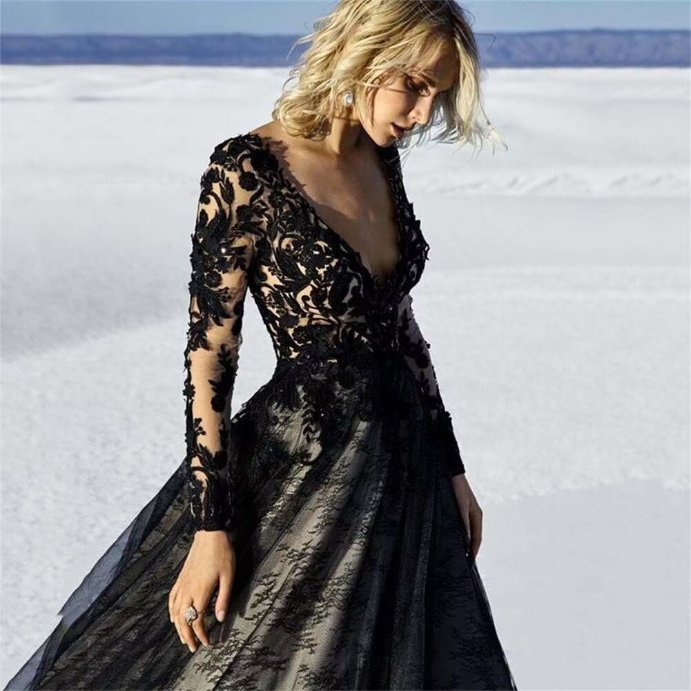 Gothic Black Wedding Dress for Bride - Long Sleeve Lace V-Neck Bridal Gown with Train | Elegant Gothic Wedding, Vampire Theme, Halloween Costume, Dark Romance Ceremony
