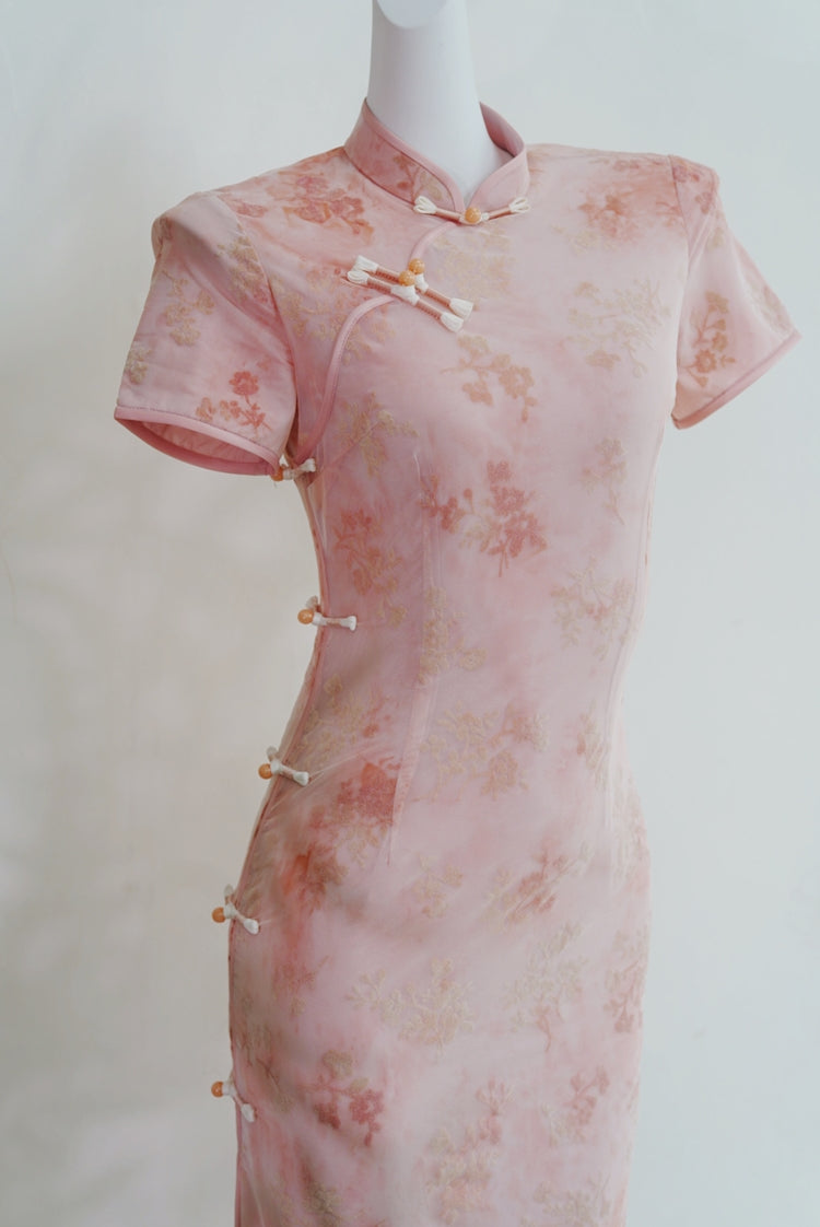Elegant Pink and Green Jacquard Velvet Cheongsam Qipao Dress for Women | Traditional Chinese Style Evening Gown | Perfect for Weddings, Parties, and Special Occasions