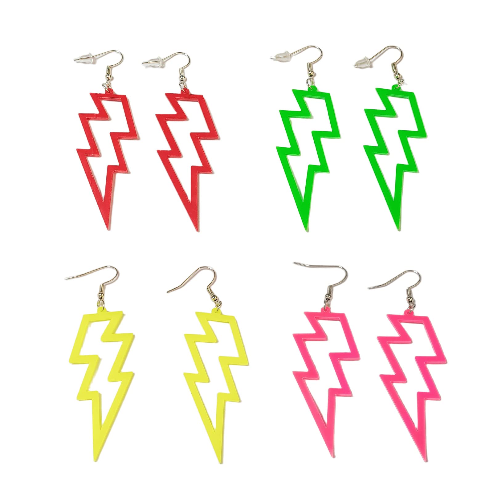 4 Pairs 80s Retro Neon Fluorescent Acrylic Drop Dangle Earrings - Lightning Bolt Pendant Halloween Party Jewelry for Women & Girls - Perfect for Costume Parties, Raves, and 80s Theme Events