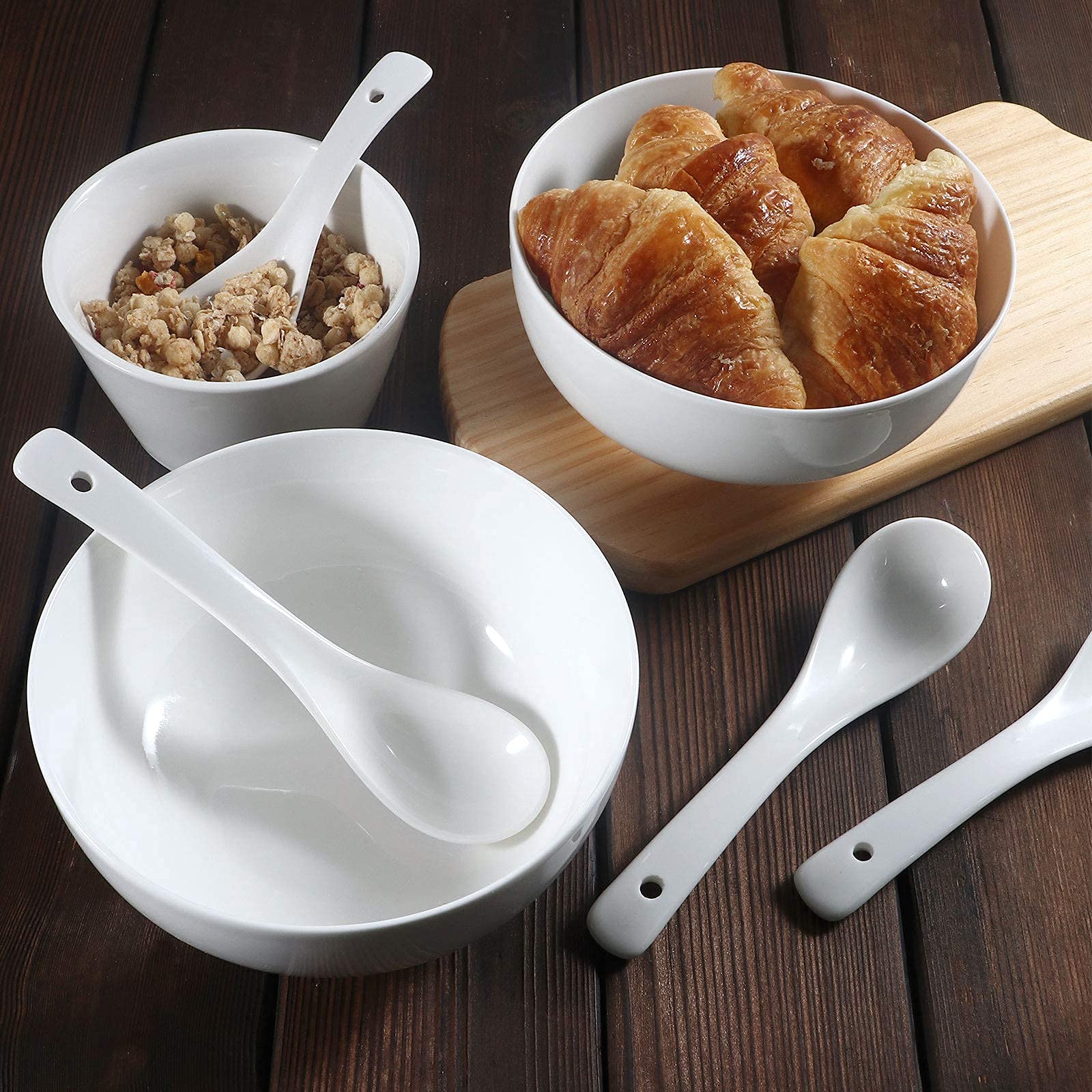 Artena 4-Piece Elegant White Pasta Bowl Set & 4-Piece Asian Soup Bowl Set with Spoons - Perfect for Italian Pasta, Asian Noodles, and Family Dining