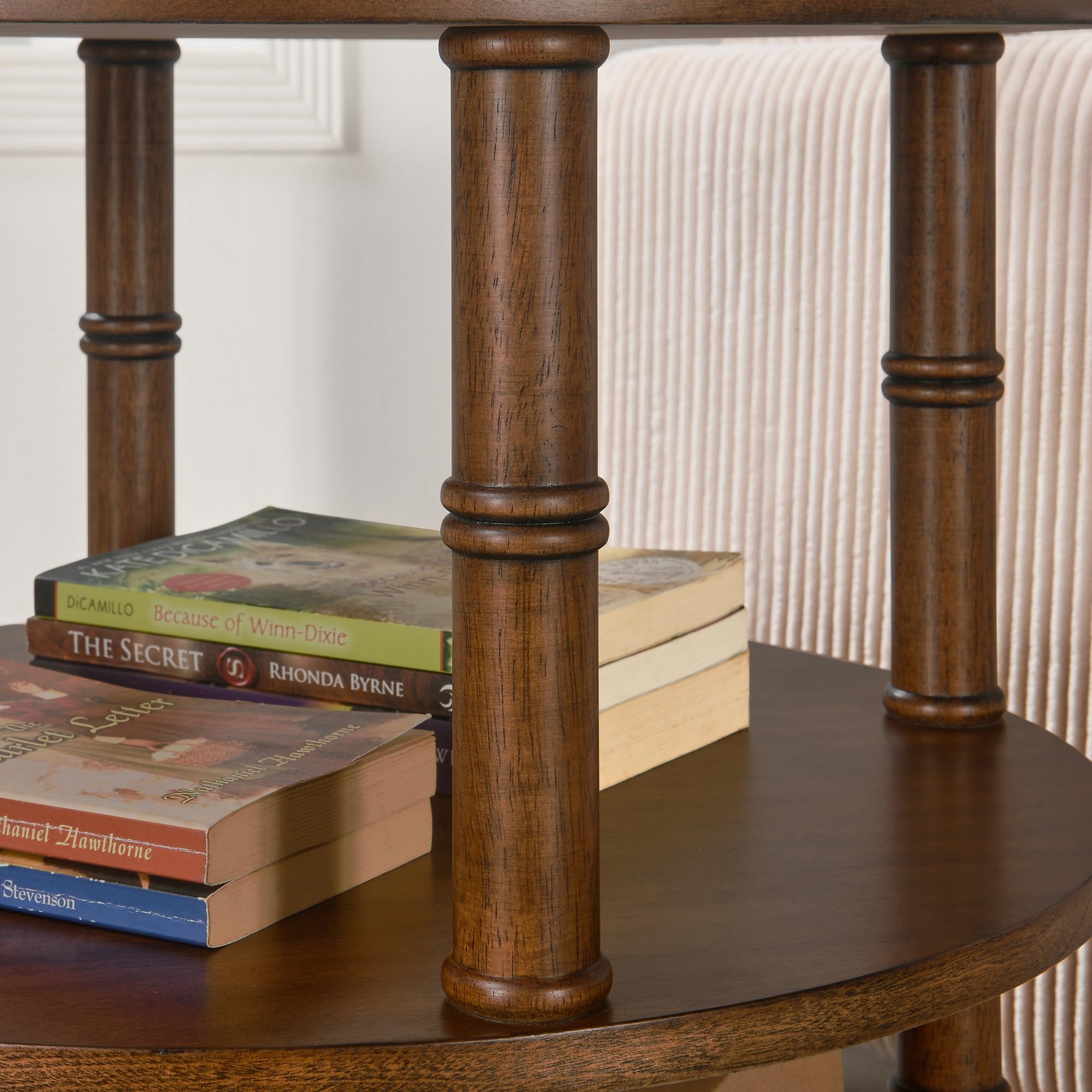 LEEMTORIG 3-Tier Round End Side Table with Storage Shelf - Solid Wood Nightstand, Mid-Century Modern Bedside Table for Bedroom, Living Room, Office - Easy Assembly Walnut Brown - Perfect for Small Spaces, Apartment Decor & Reading Nook Accessories