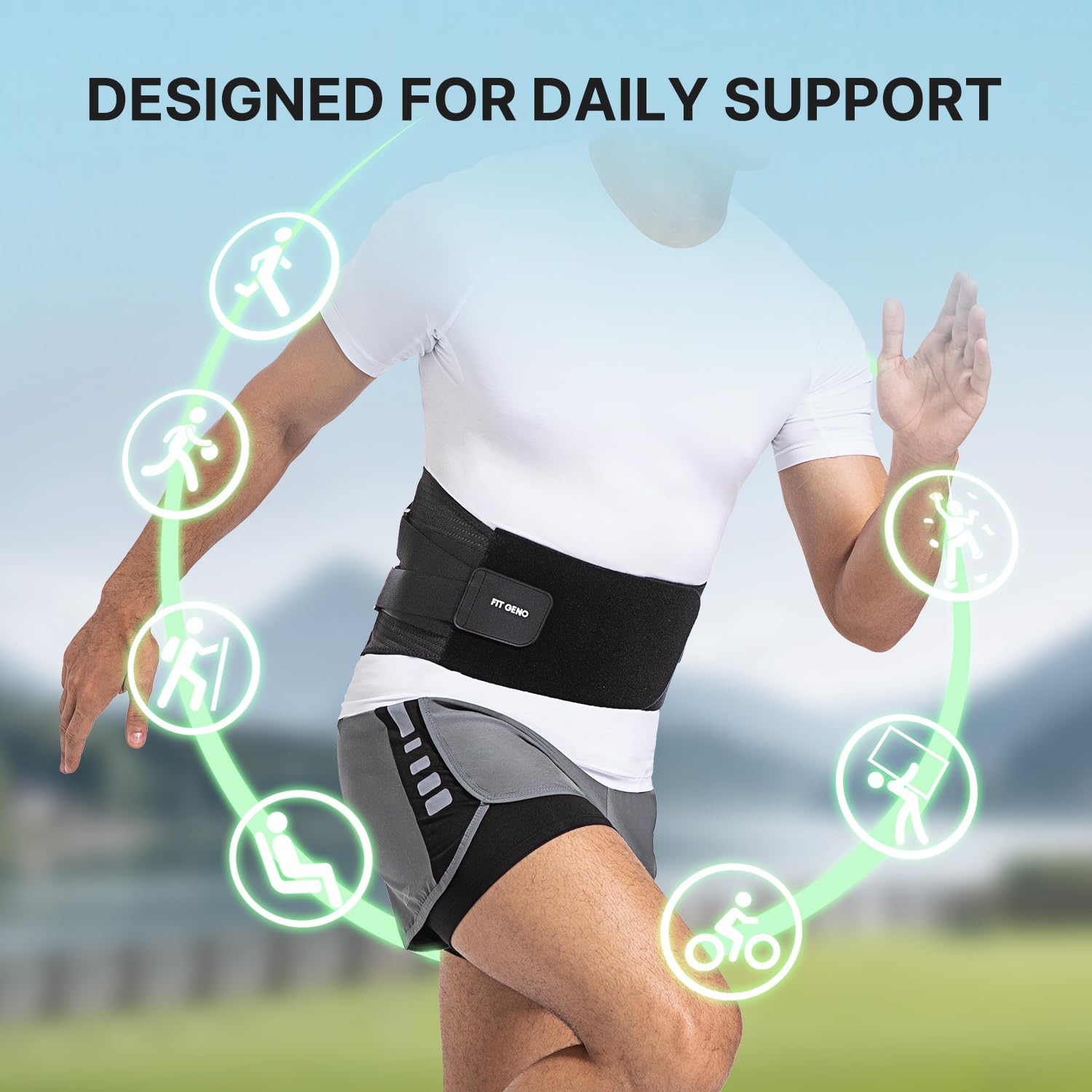 Fit Geno Adjustable Lumbar Support Back Brace for Women & Men - Lower Back Pain Relief with Comfortable Support Pad - Ideal for Work, Sports, Gym & Daily Activities (Medium)