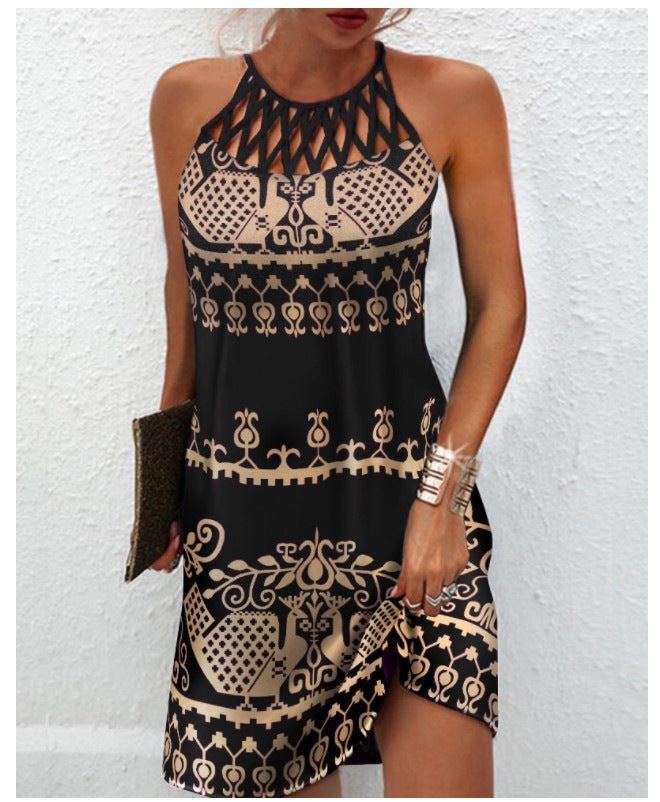 Women's Fashion Print Casual Halterneck Dress - Summer Flowy Beach Dress for Vacation, Party & Outdoor Activities