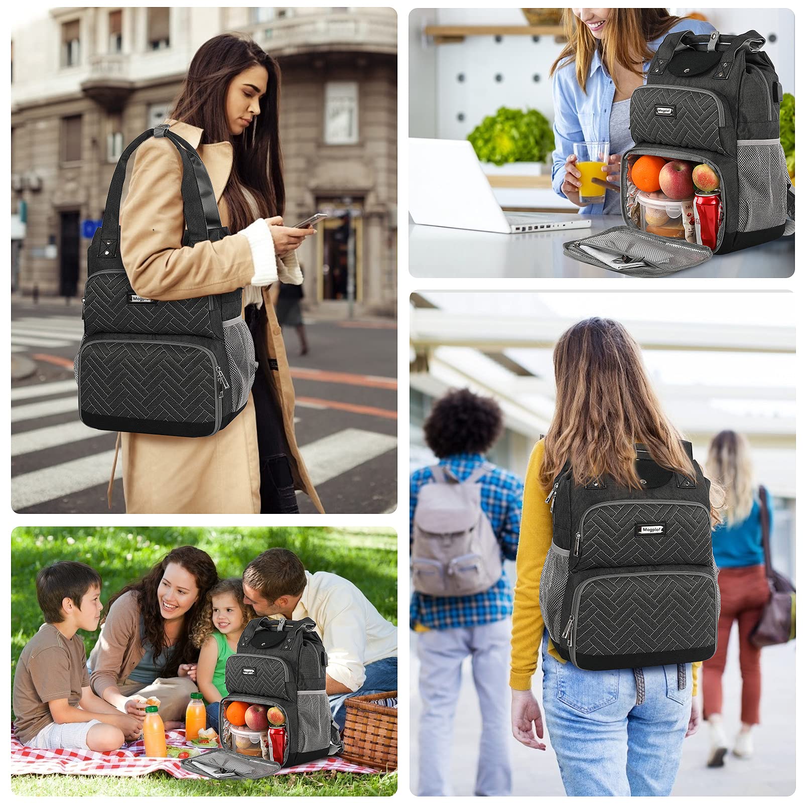 Mogplof Insulated Lunch Backpack for Women - 15.6 Inch Water-Resistant Lunch Bag with USB Charging Port & RFID Pockets - Work, Office, Picnic & Travel Lunch Box Backpack with Laptop Compartment - Perfect for Commuting, Hiking & Outdoor Activities