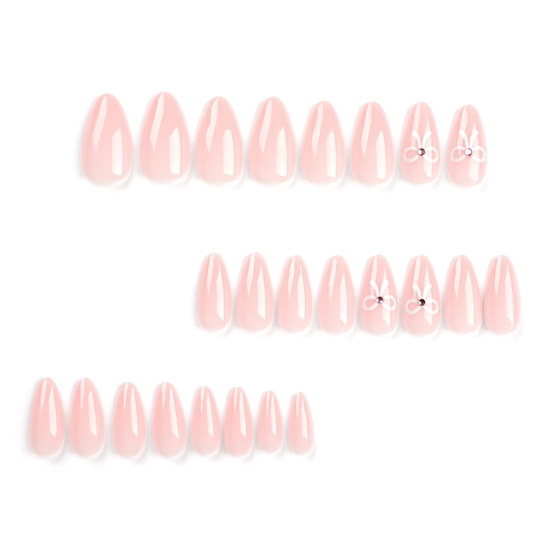 MERVF Almond Press-on Nails with Bow Rhinestones Design - Medium Nude Acrylic Fake Nails for Women (24pcs) - Perfect for Parties, Weddings & Special Occasions