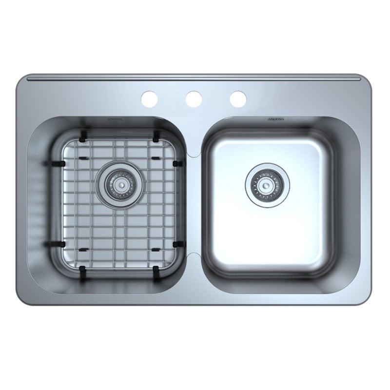 Stainless Steel 32-Inch 3-Hole Double Bowl Kitchen Sink with Grid & Strainers - Capri Series Drop-in Sink for Modern Kitchens, Dishwashing & Food Prep