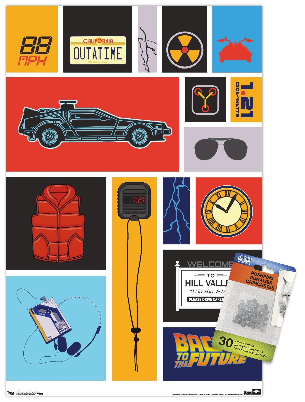 Back to the Future Movie Grid Wall Poster with Push Pins - 24x36 Inch Retro Sci-Fi Decor for Bedroom, Office & Game Room