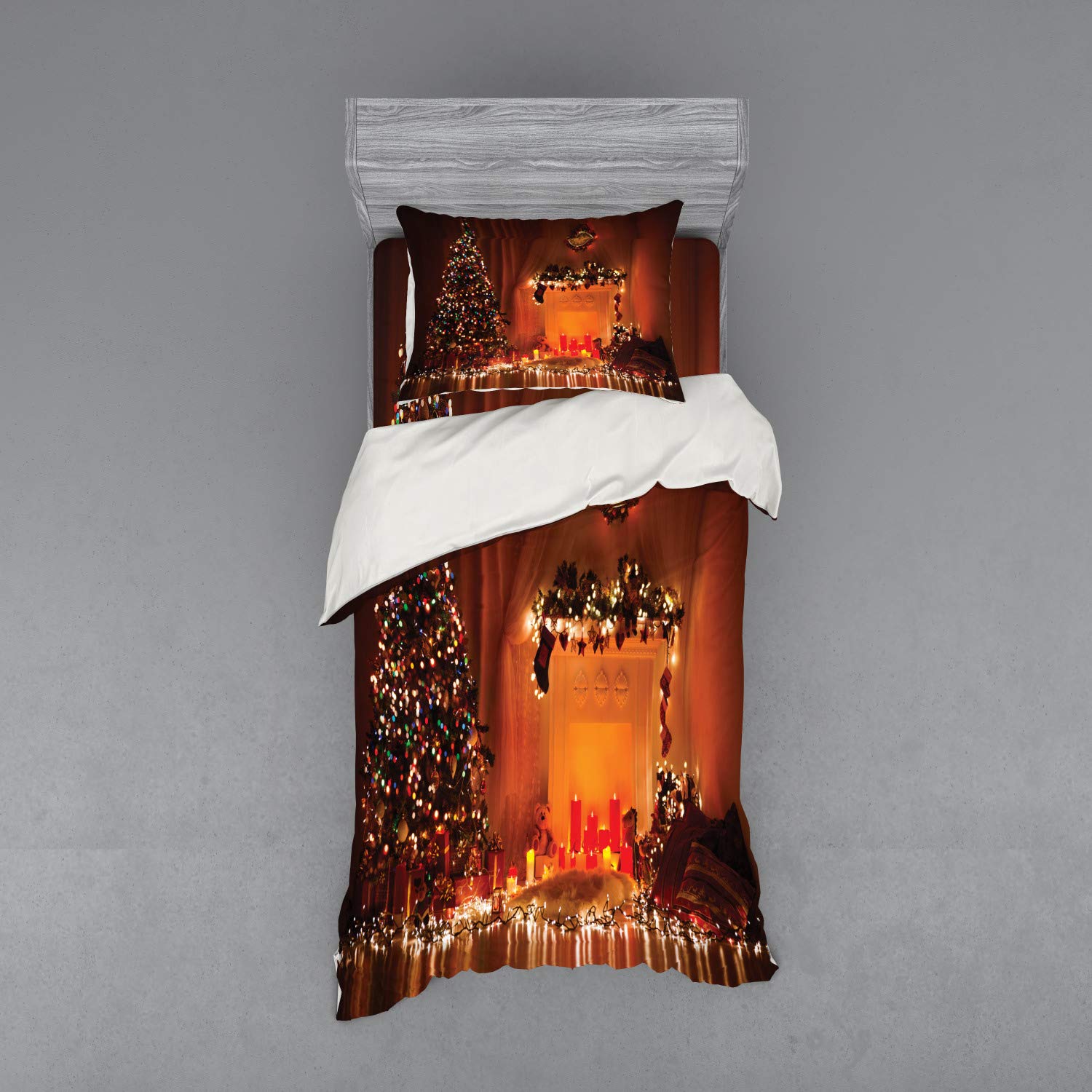 Ambesonne Christmas Bedding Set - 3 Piece Duvet Cover with Sham & Fitted Sheet, Twin XL Size, Orange - Romantic Holiday Decor with Candle & Gift Print - Perfect for Festive Bedroom Decorations & Cozy Winter Nights