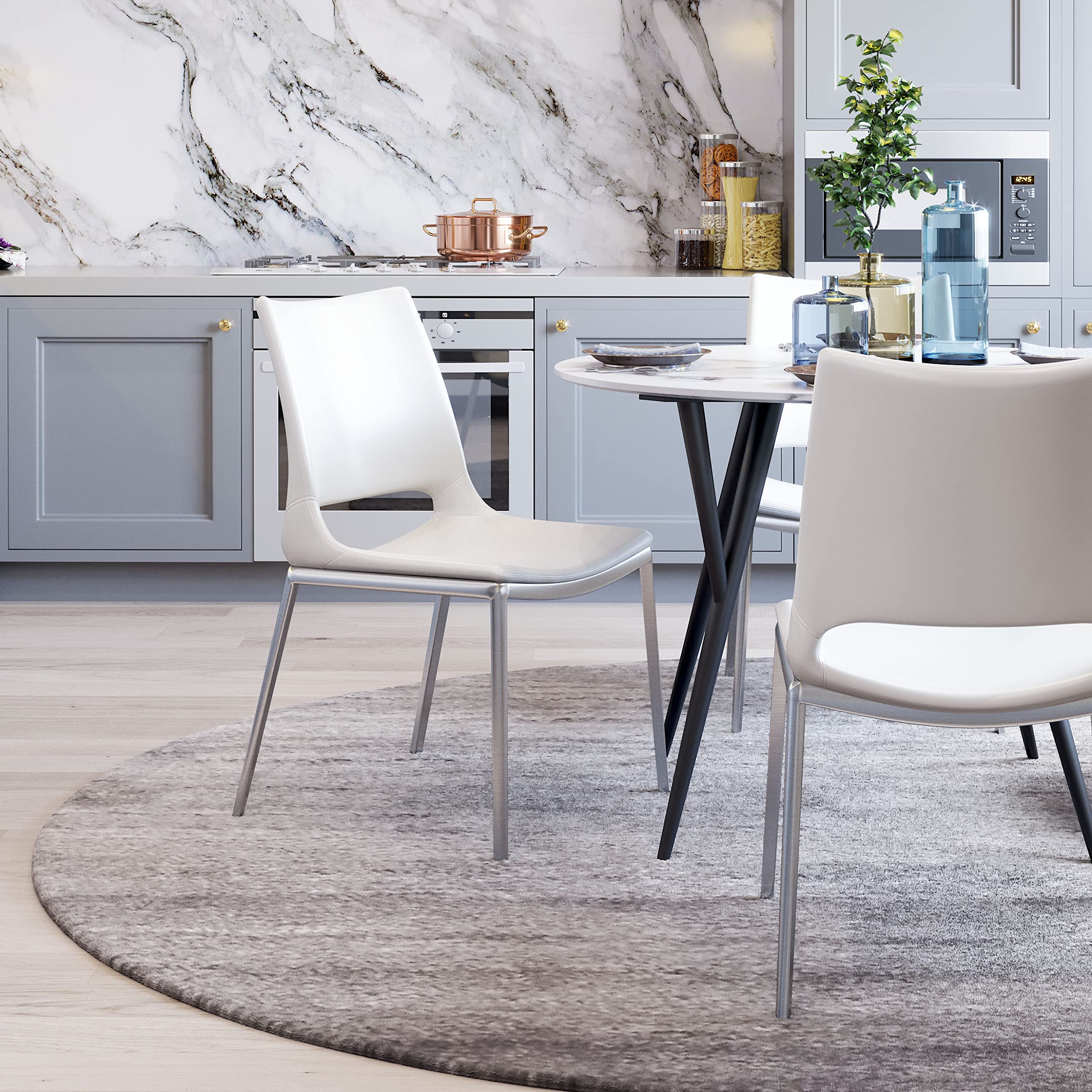 Ace Modern Dining Chairs (Set of 2) - White & Silver Metal Frame - Comfortable Kitchen Chairs for Dining Room, Breakfast Nook, or Small Space