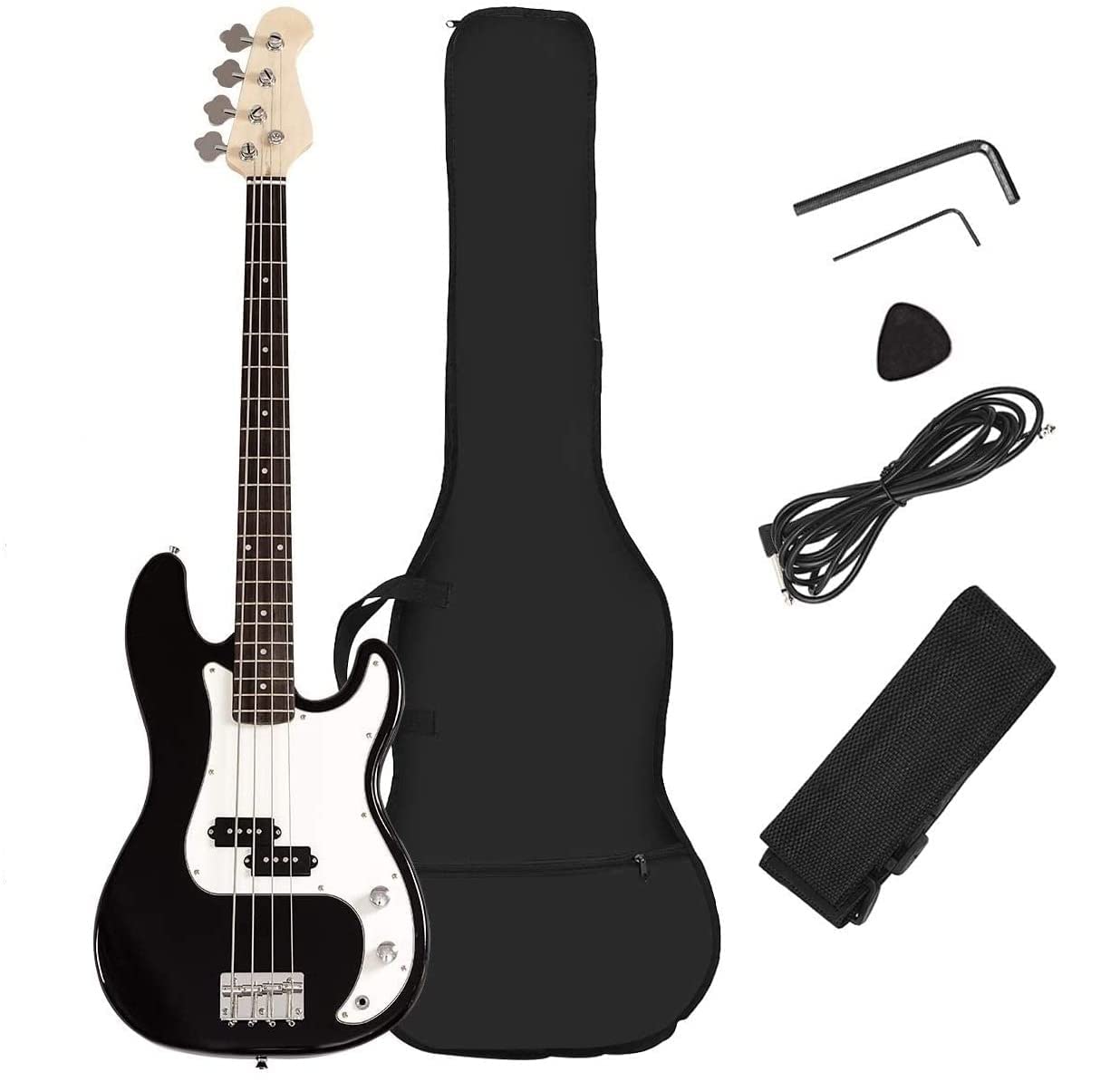 OLAKIDS Electric Bass Guitar Beginner Kit - Full Size 4 String Bass Guitar with Strap, Gig Bag, Amp Cord & Accessories - Paulownia Wood Body - Perfect for Kids & Beginners Learning to Play (Black) - Great for Home Practice, Music Lessons & Rock Band Performances