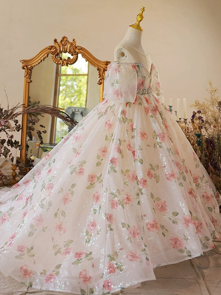 Elegant A-Line Off-Shoulder Tulle Lace Champagne Flower Girl Dress for Weddings & Special Occasions