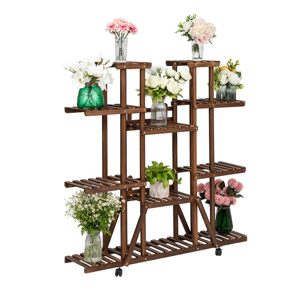 6-Tier 11-Seat Carbonized Wooden Plant Stand for Indoor & Outdoor Use - Multi-Function Shelf for Plants, Books & Home Decor - Perfect for Balcony, Garden, Living Room & Patio