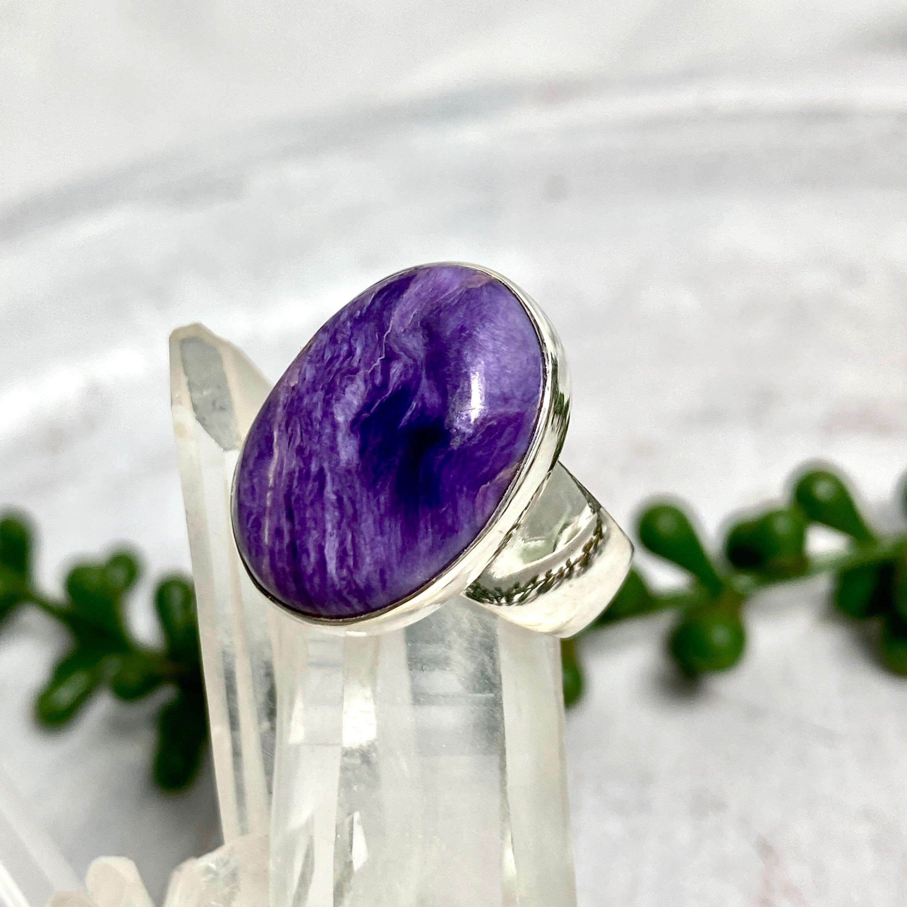 Charoite Oval Ring Size 8 - Genuine Purple Gemstone Jewelry for Women, Elegant Handmade Silver Ring - Perfect for Gifts, Weddings & Special Occasions