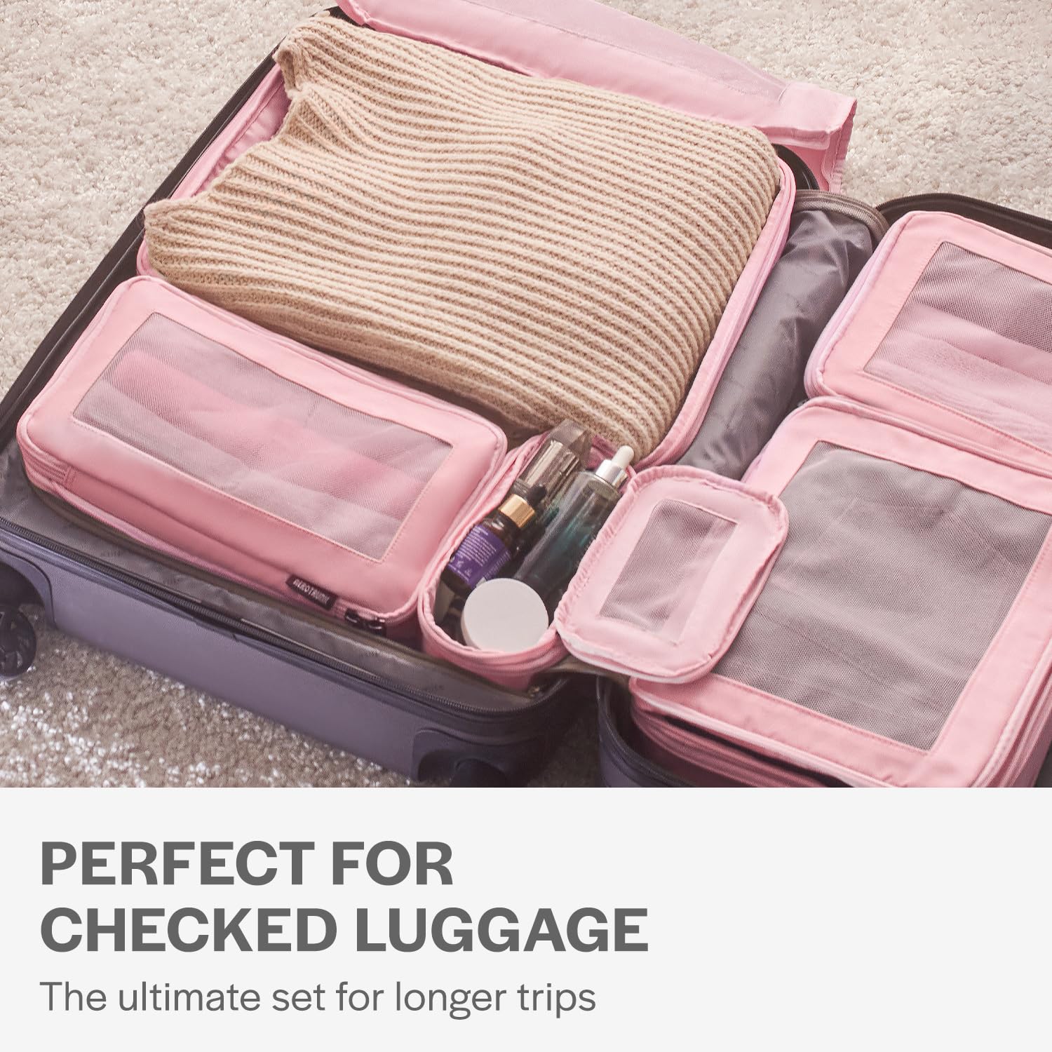 6-Pack Pink Compression Packing Cubes for Travel - Double Zipper Luggage Organizer Bags for Suitcases - Perfect for Business Trips, Vacations & Weekend Getaways